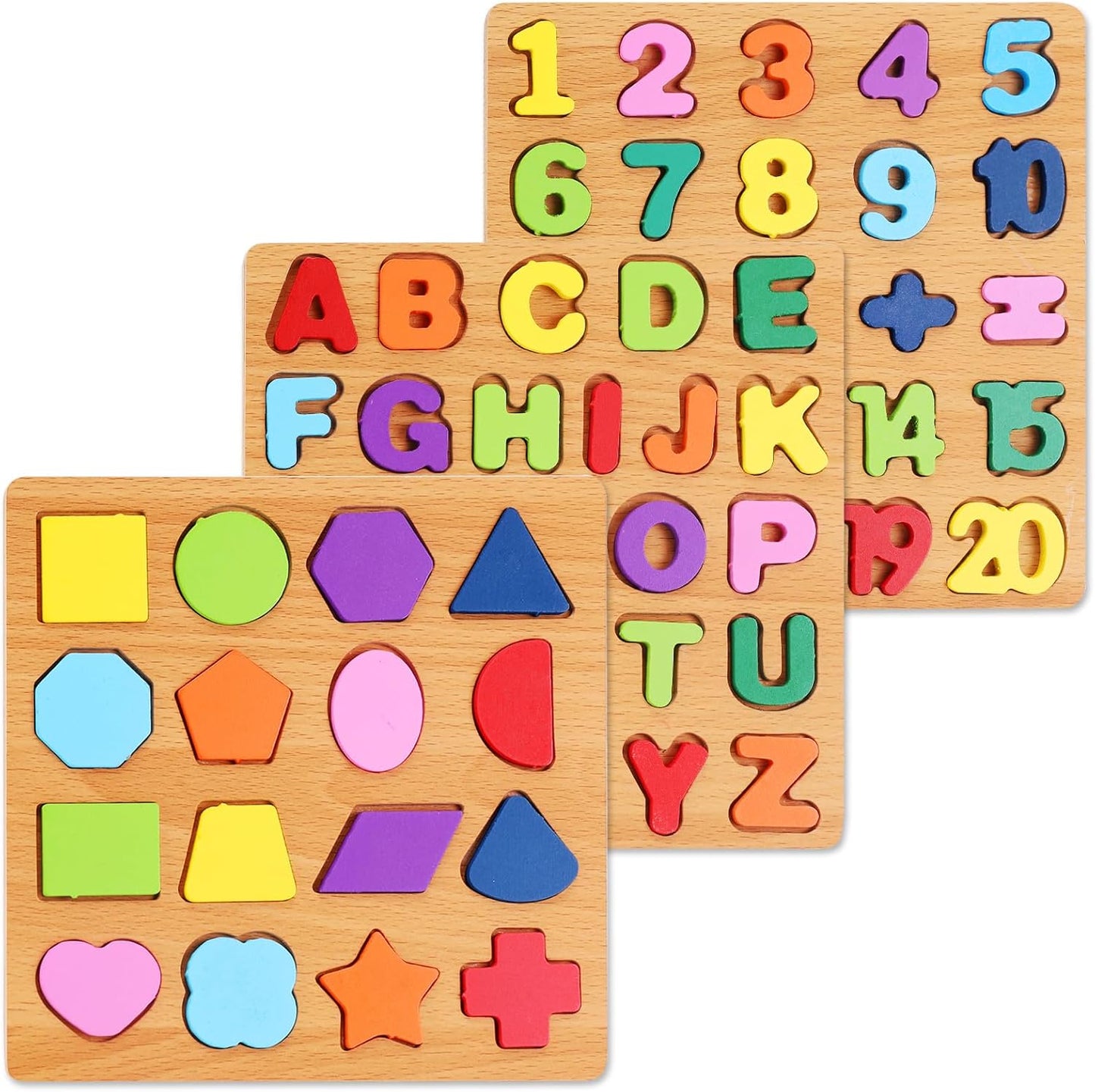 HotAlphabet Wooden Puzzles for Toddlers 3-5, Pack of 3 ABC, Number and Shape Puzzle, Preschool Educational Learning Toys with Puzzle Board & Letter Blocks for Girls Boys Ages 3 4 5 Years Old