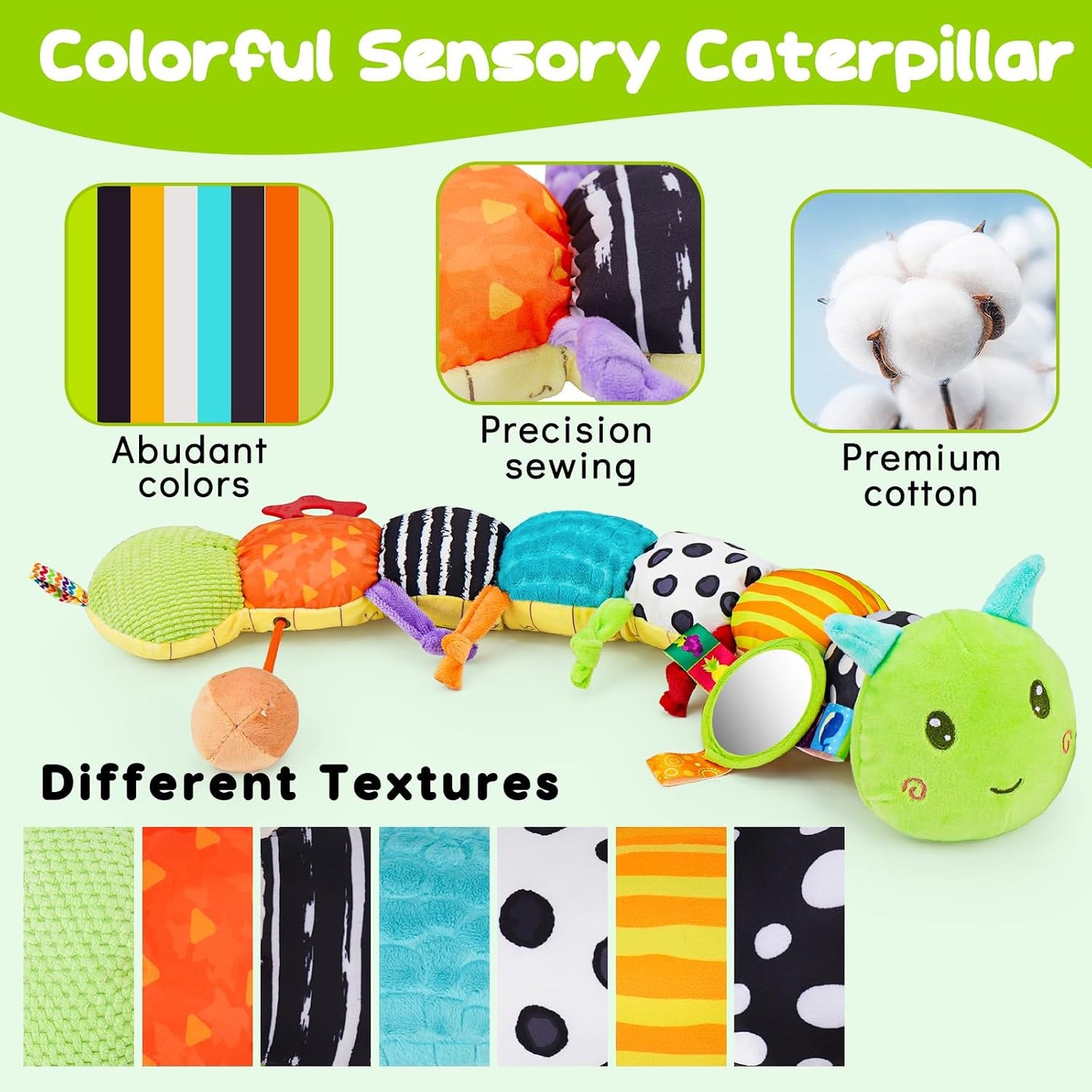 HotTopsochir Baby Sensory Toys 0-6 Months Music Animal Stuffed Plush Caterpillar Toy for Infant 0-3-6-12 Month Old Tummy Time with Mirror Crinkle Rattle Toys for Newborn Boys Girls Shower Birthday Gifts