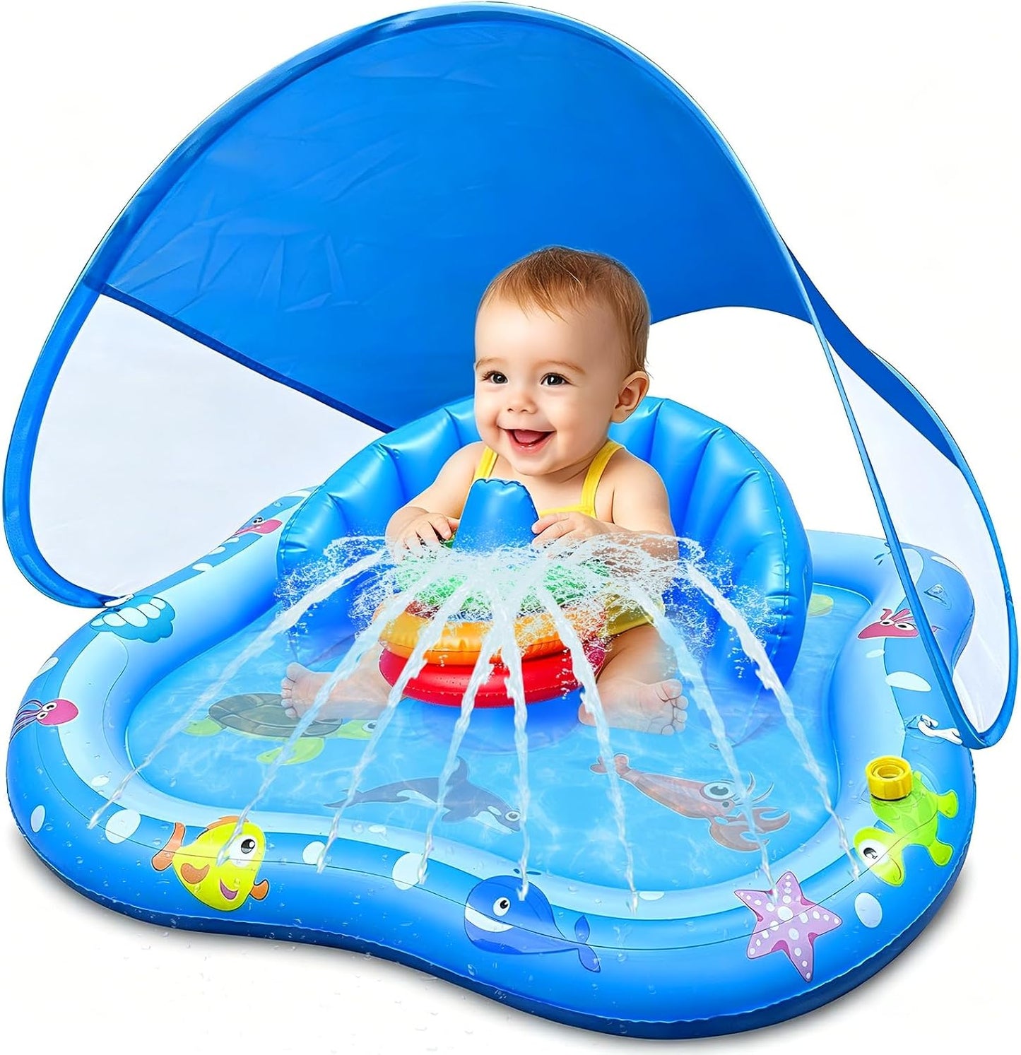 Hot iGeeKid Baby Play Mat with Sprinkler, Inflatable Baby Pool Float with Canopy Backrest & Stackable Rings Water Sprinkler for Kids, Outdoor Water Play Toys for Toddlers Backyard Swimming Water Games