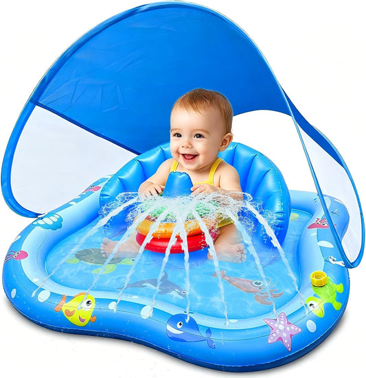 Hot iGeeKid Baby Play Mat with Sprinkler, Inflatable Baby Pool Float with Canopy Backrest & Stackable Rings Water Sprinkler for Kids, Outdoor Water Play Toys for Toddlers Backyard Swimming Water Games
