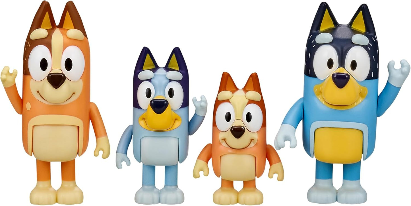 HotBluey Family Figure Pack of 4, Robust Poseable Character Toys with Bingo, Chilli, and Bandit Figures, Toddler-Sized Animal Figurines for Kids Ages 3+ | Movable arms & legs, portable size for on-the-go play; toddler figurine toys for kids ages 3+, thoug