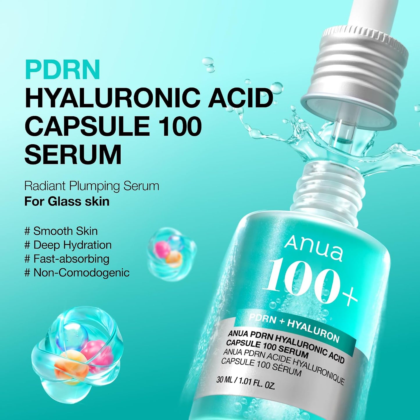 HotAnua PDRN Hyaluronic Acid Capsule 100 Serum, Radiant Face Serum, Salmon DNA, Hyaluronic Acid, Hydration, Moisture Plumping Effect, Lightweight, Glass Skin, Korean Skincare, 1.01 fl. oz