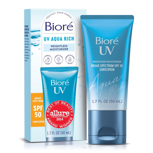 HotBiore UV Aqua Rich Moisturizer SPF 50 Facial Sunscreen, 1.7 fl oz | Oil-Free Daily Face Sunscreen, Hyaluronic Acid, Lightweight, Non-Comedogenic, Dermatologist Tested, Sensitive Skin