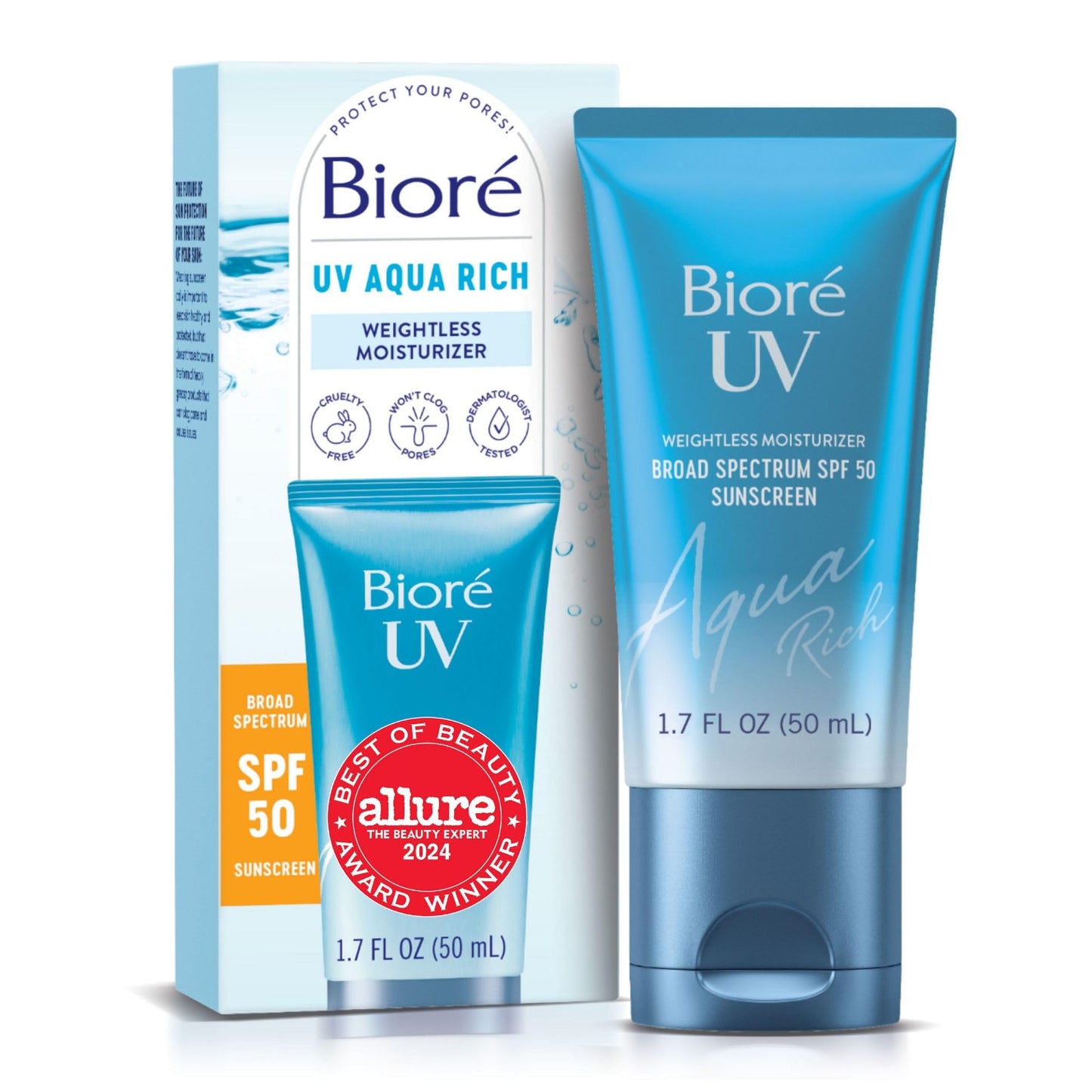 HotBiore UV Aqua Rich Moisturizer SPF 50 Facial Sunscreen, 1.7 fl oz | Oil-Free Daily Face Sunscreen, Hyaluronic Acid, Lightweight, Non-Comedogenic, Dermatologist Tested, Sensitive Skin