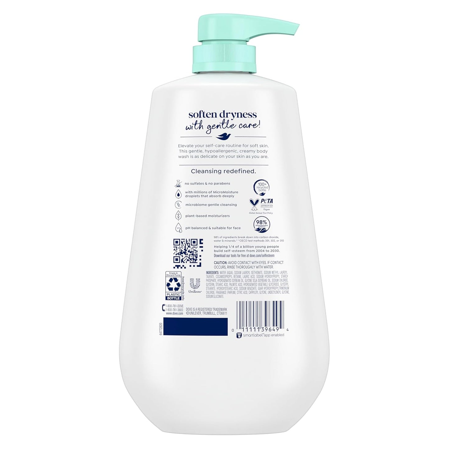 HotDove Body Wash with Pump Sensitive Skin For 24hr Lotion-Soft Skin Moisturizing Skin Cleanser Gentle Hypoallergenic Formula with No Sulfates No Parabens 30.6 oz