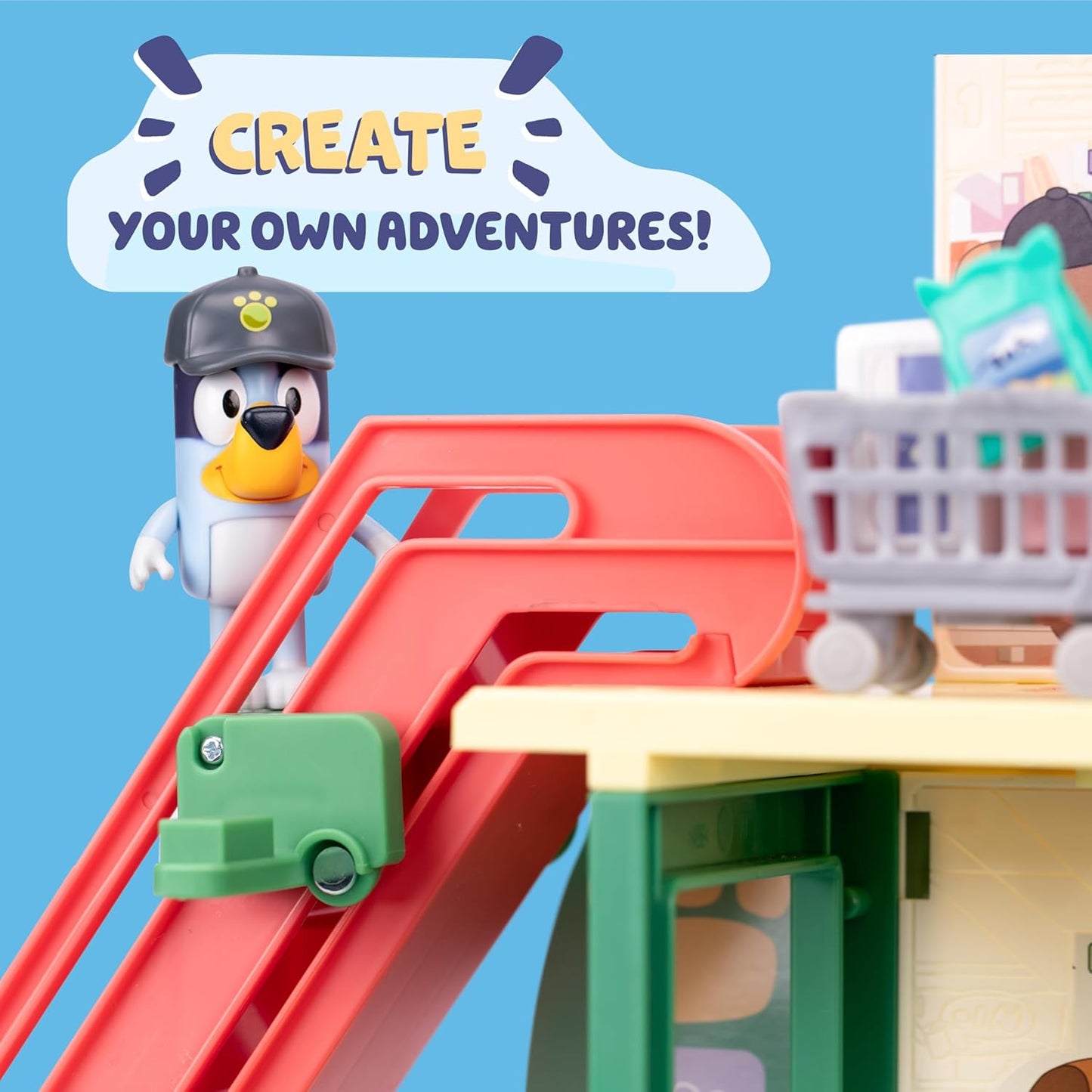 HotBluey and Bingo Supermarket Playset, Escalator & Sounds, 15 Pieces | 3 interactive levels, rooftop café, 24 sound effects, exclusive Bingo & Bluey figures; pretend play for kids ages 3+