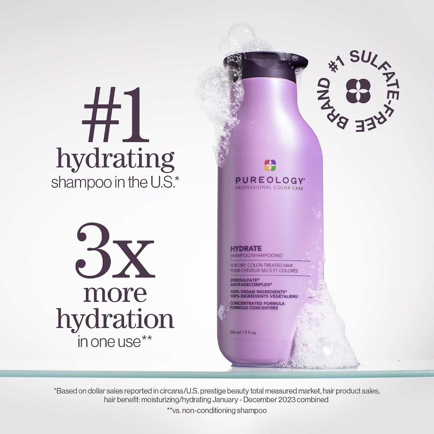 HotPureology Hydrate Shampoo - For Dry or Color Treated Hair, Moisturizing Shampoo For Hydration & Softness, With Rose Extract & Green Tea, Vegan & Sulfate-Free