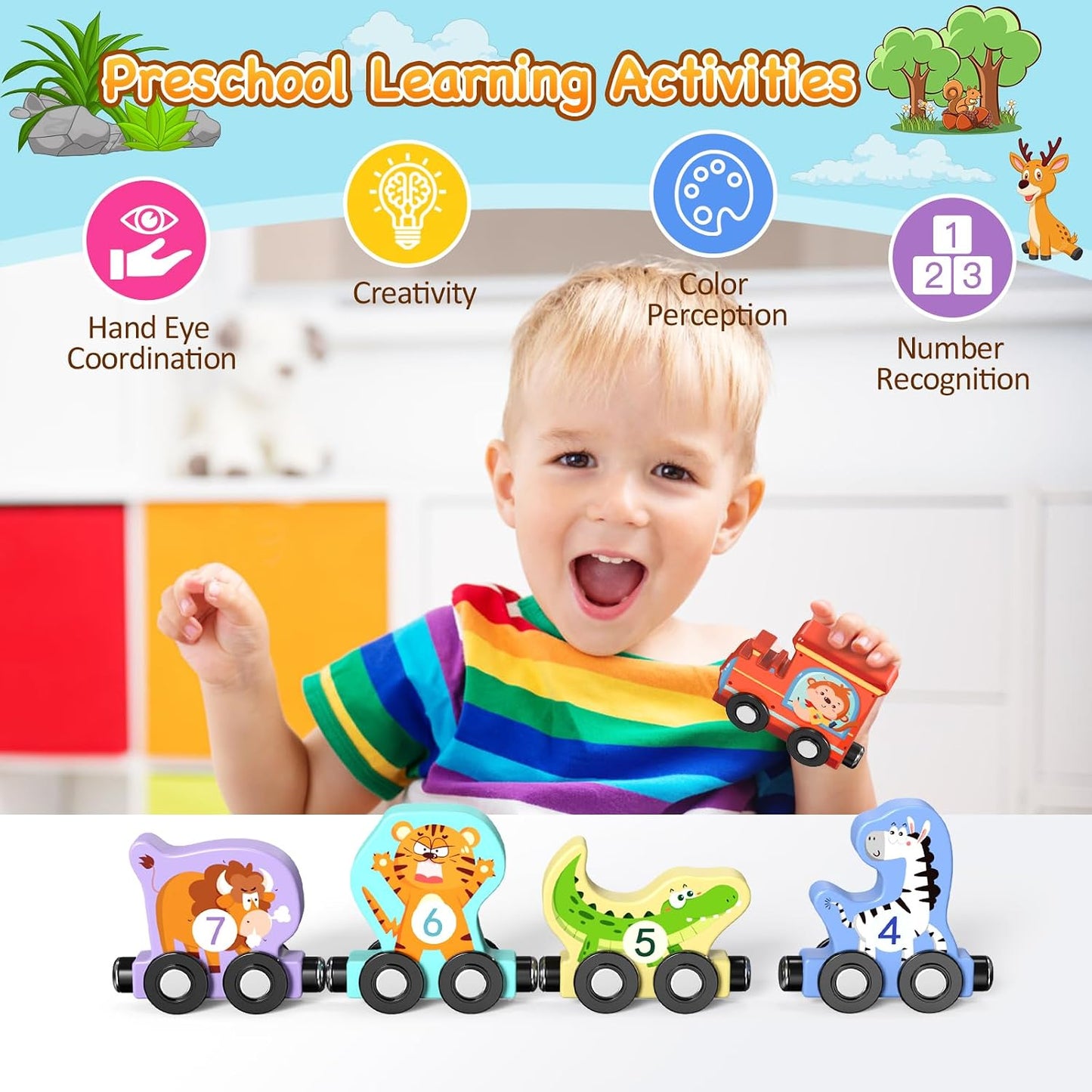 Hot Zeoddler Toys for Toddlers, 11 Magnetic Wooden Animals Train Set, Montessori Toys for Toddlers, Preschool Learning Activities for Kids, Birthday Gifts for Boys, Girls