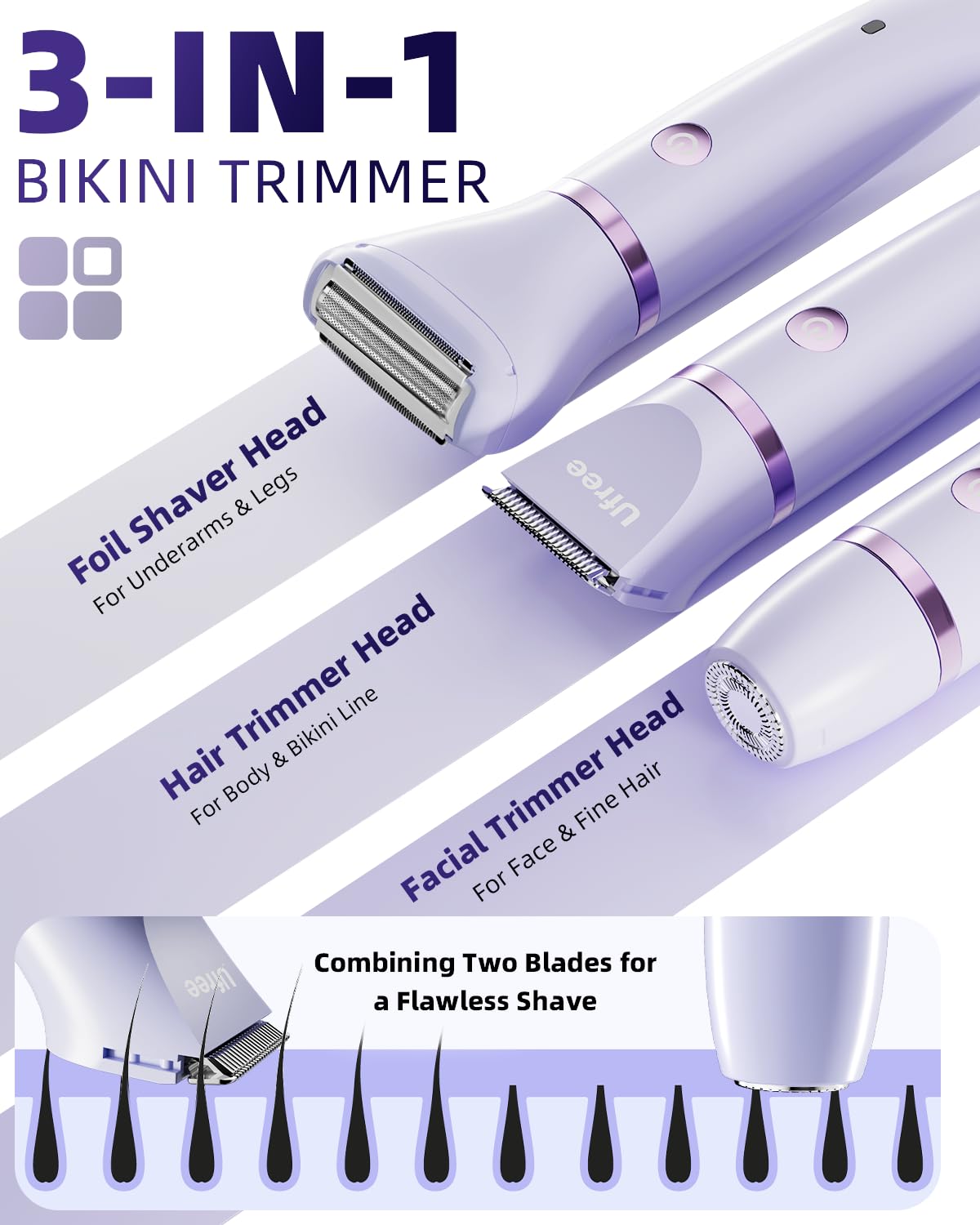 HotUfree Bikini Trimmer Electric Razors for Women, Ceramic Blade Body Hair Trimmer, IPX7 Waterproof Rechargeable Lady Shaver, Personal Groomer for Legs & Pubic Hair, Gifts for Women, Purple