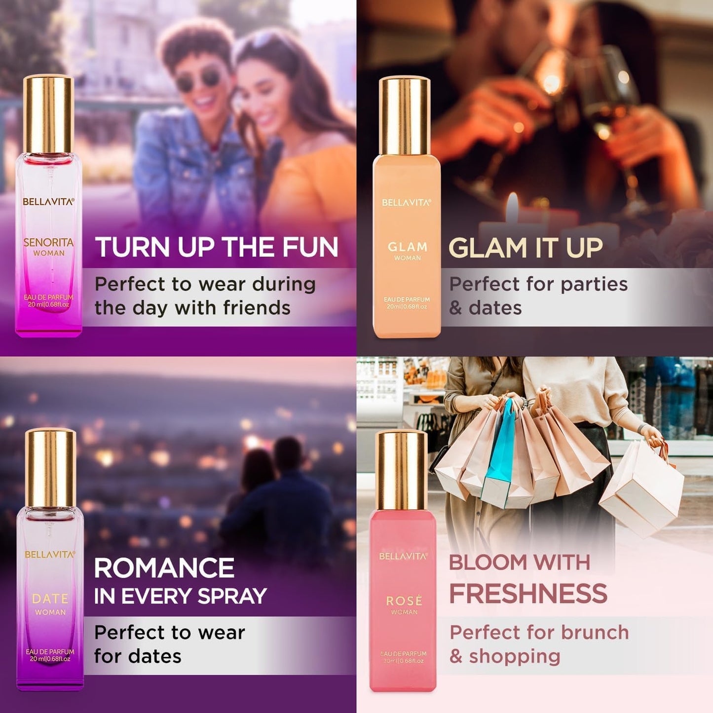 Hot Bellavita Luxury Women's Perfume Gift Set with Rose, Senorita, Date, and Glam | 80ml | Perfume for Women | Pink Pepper, Yuzu and Floral Peach | Long Lasting Fragrance |Mother's day present