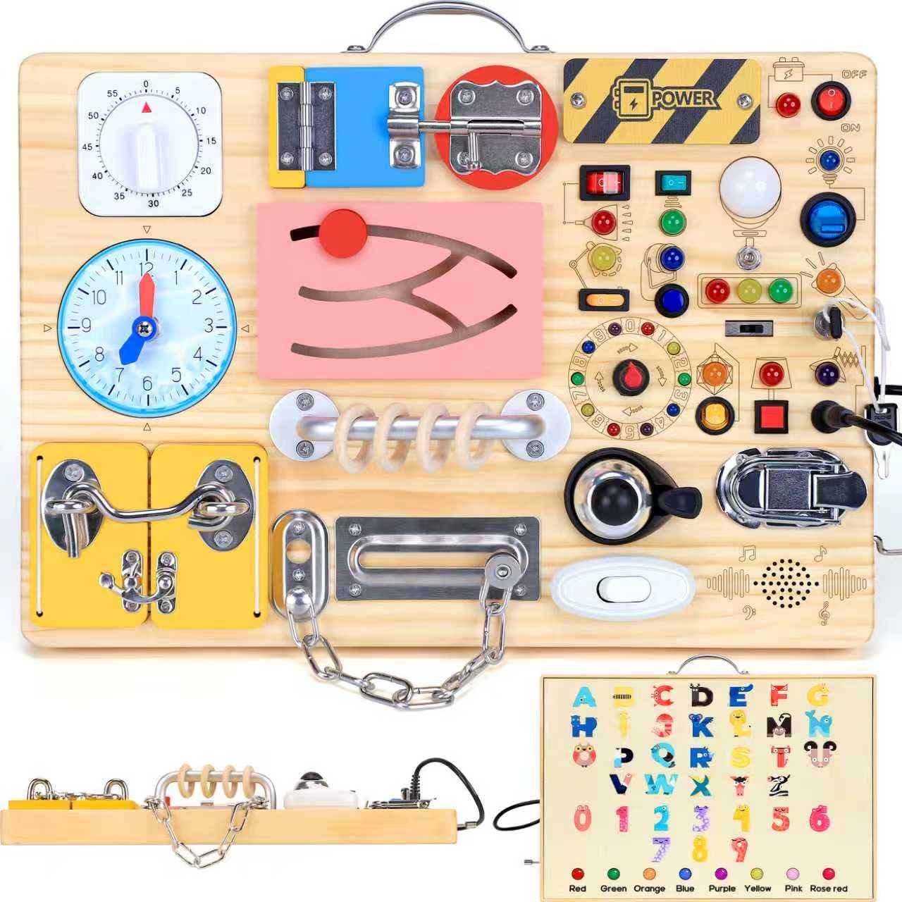 HotBusy Board with LED Light Switches, Montessori Toys for 1 2 3 Years Old, Toddlers Wooden Toy Sensory Activity Board, Travel Toys for 1+ Year Old Boy & Girl Birthday Gift