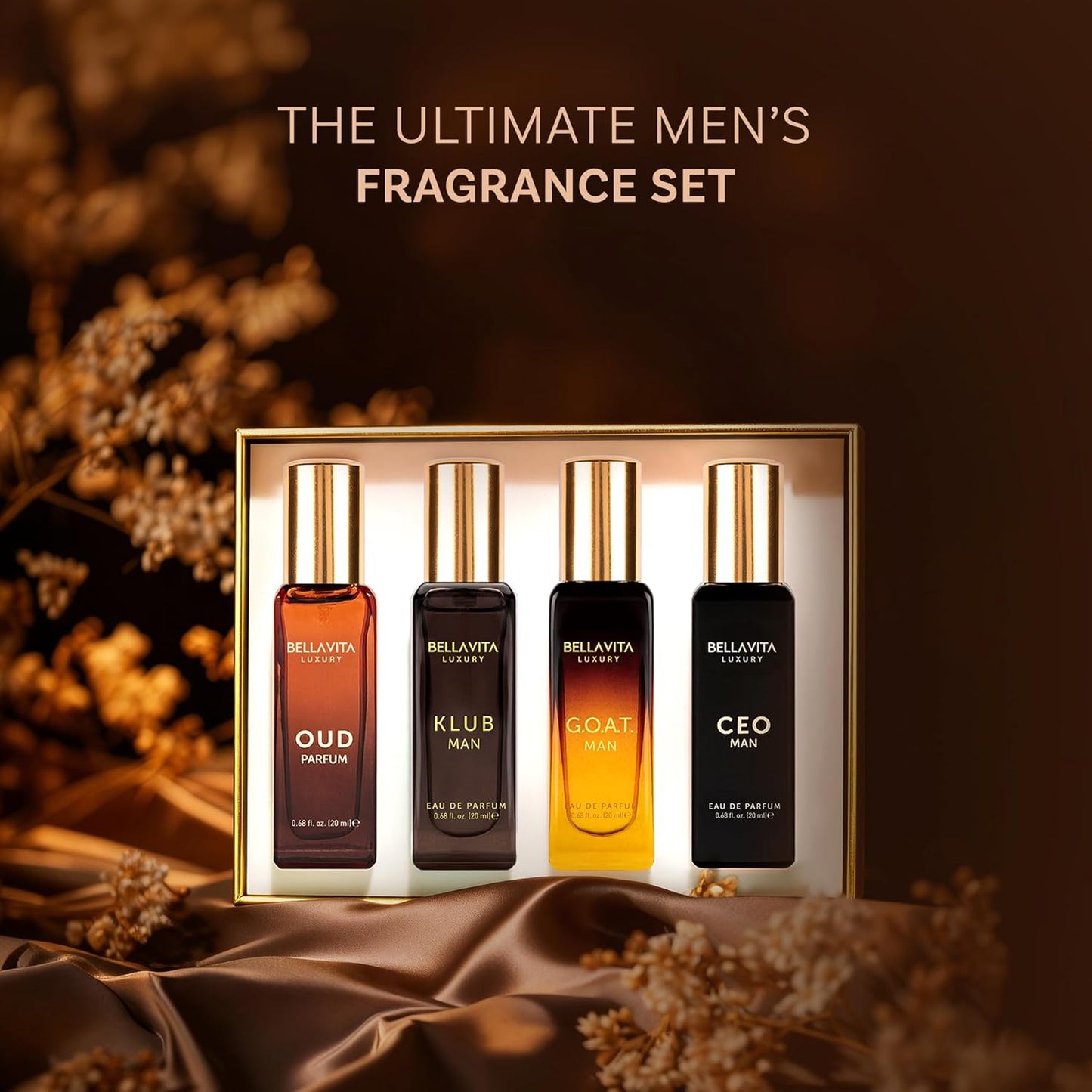 HotBellaVita Luxury Men's Perfume Gift Set with CEO Man, G.O.A.T., KLUB & OUD | 4 x 20ml (80ml) | Long Lasting Perfume for Men | Citrus, Woody, Patchouli & Caramel Notes | Gift for Father's Day