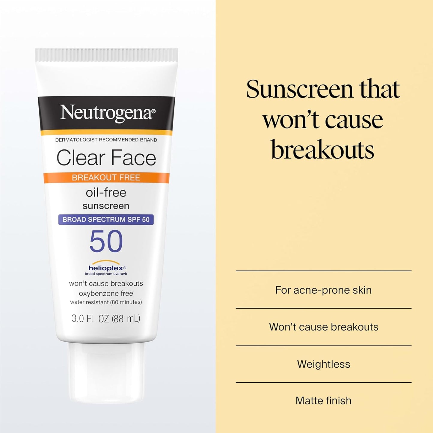 HotNeutrogena Clear Face Sunscreen Lotion SPF 50 for Acne-Prone Skin Broad Spectrum UVA UVB Protection Oil-Free No-Fragrance No-Oxybenzone Water-Resistant Daily Face Moisturizer, 3 fl oz
