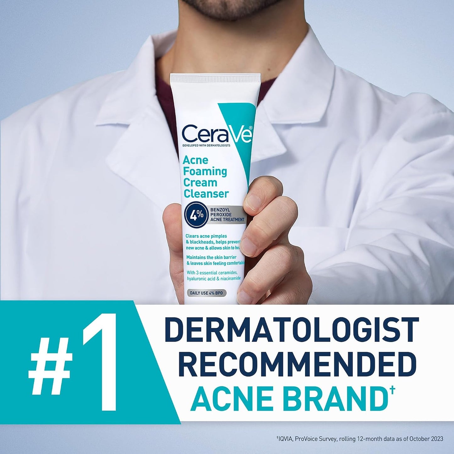 HotCeraVe Acne Foaming Cream Cleanser, 4% Benzoyl Peroxide Face Wash With Hyaluronic Acid, Niacinamide & Ceramides, Gentle Daily Acne Treatment For Face