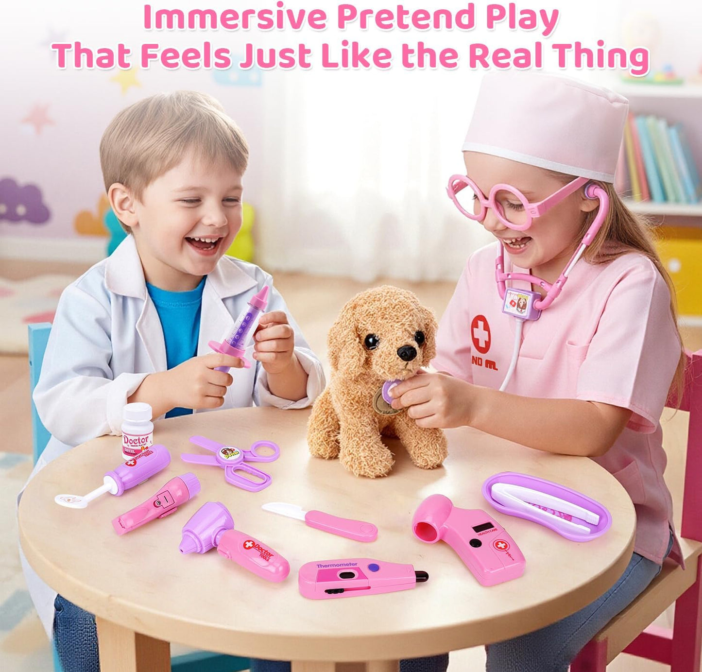 HotMeland Toy Doctor Kit for Girls, Pretend Play Toy Doctor Set with Dog , Carrying Bag, Stethoscope & Dress Up Costume Gift for Kids Toddlers Ages 3 4 5 6 Year Old for Role Play