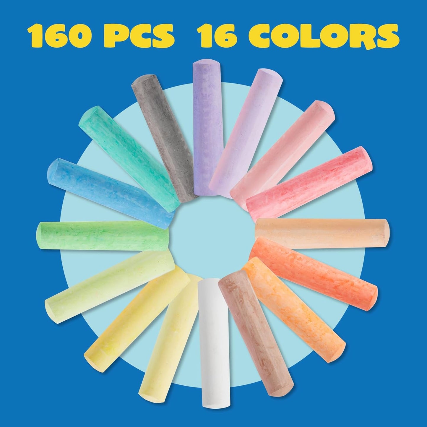 HotJOYIN 160 PCS Sidewalk Chalks Set-16 Colors Non-Toxic Washable Jumbo Chalk for Outdoor Art Play, Painting on Chalkboard, Blackboard and Playground