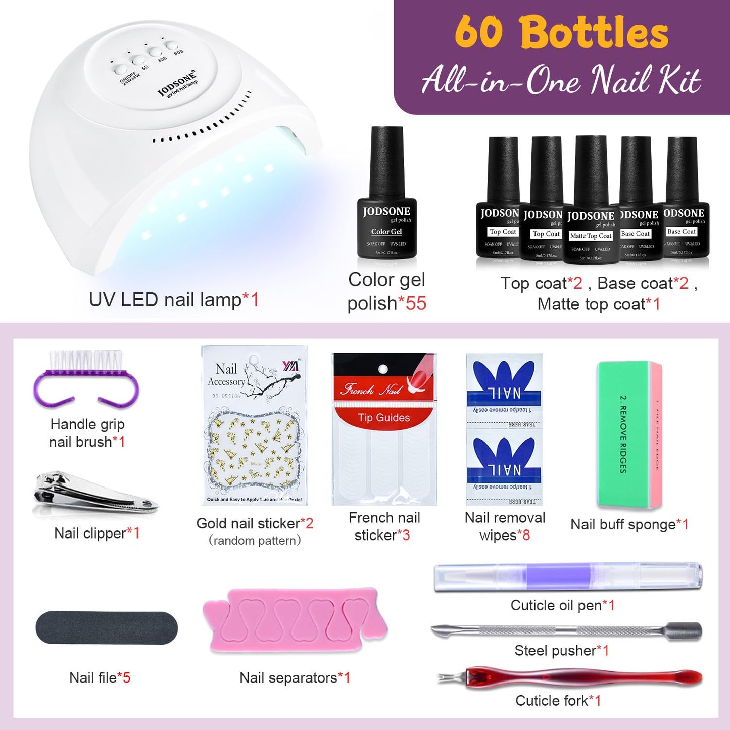 HotJODSONE Gel Nail Polish Kit 60 PCS with U V Light Soak off Base Top Coat 55 Shine Colors Gel Nail Kit Bright and Dark Brown Wine Red Series Manicure Set for Women and Girls
