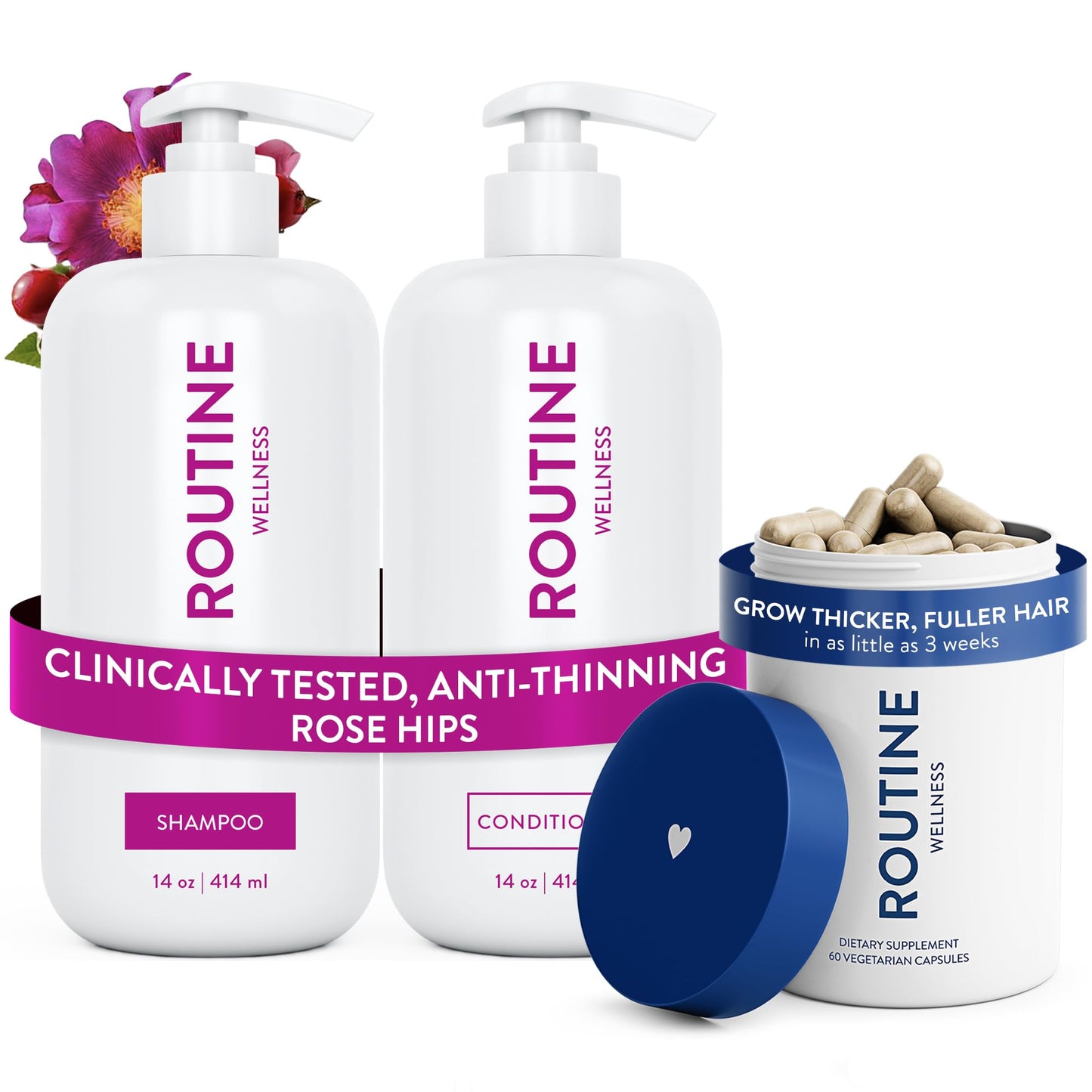 HotRoutine Wellness Anti-Thinning Shampoo & Conditioner - Rose Hips | Clinically tested shampoo for thinning hair with biotin, pea peptides, saw palmetto oil, color safe, sulfate free