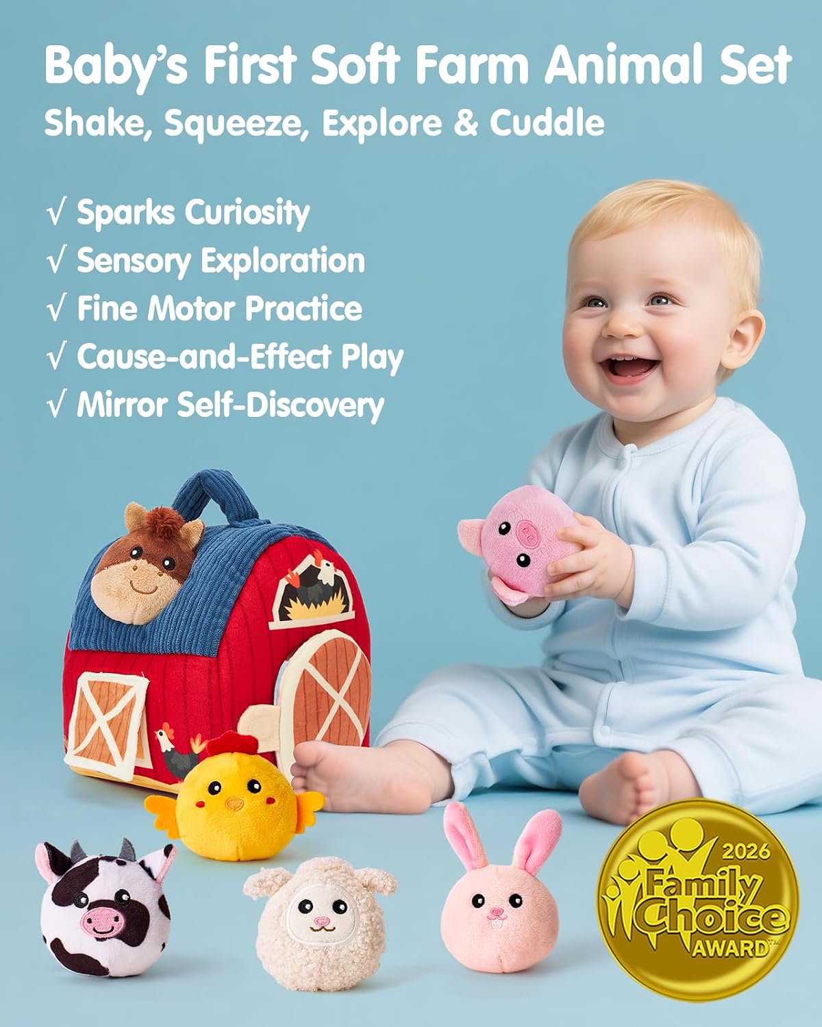 Hothahaland Baby Toys 6-12 Months - Surprise Barn Stuffed Farm Animals Plush | 6 Month Old Montessori Toys with Rattle Crinkle Sound, Texures, Mirror, Infant Sensory Balls 7 8 9 Month Old Baby Boy Gifts