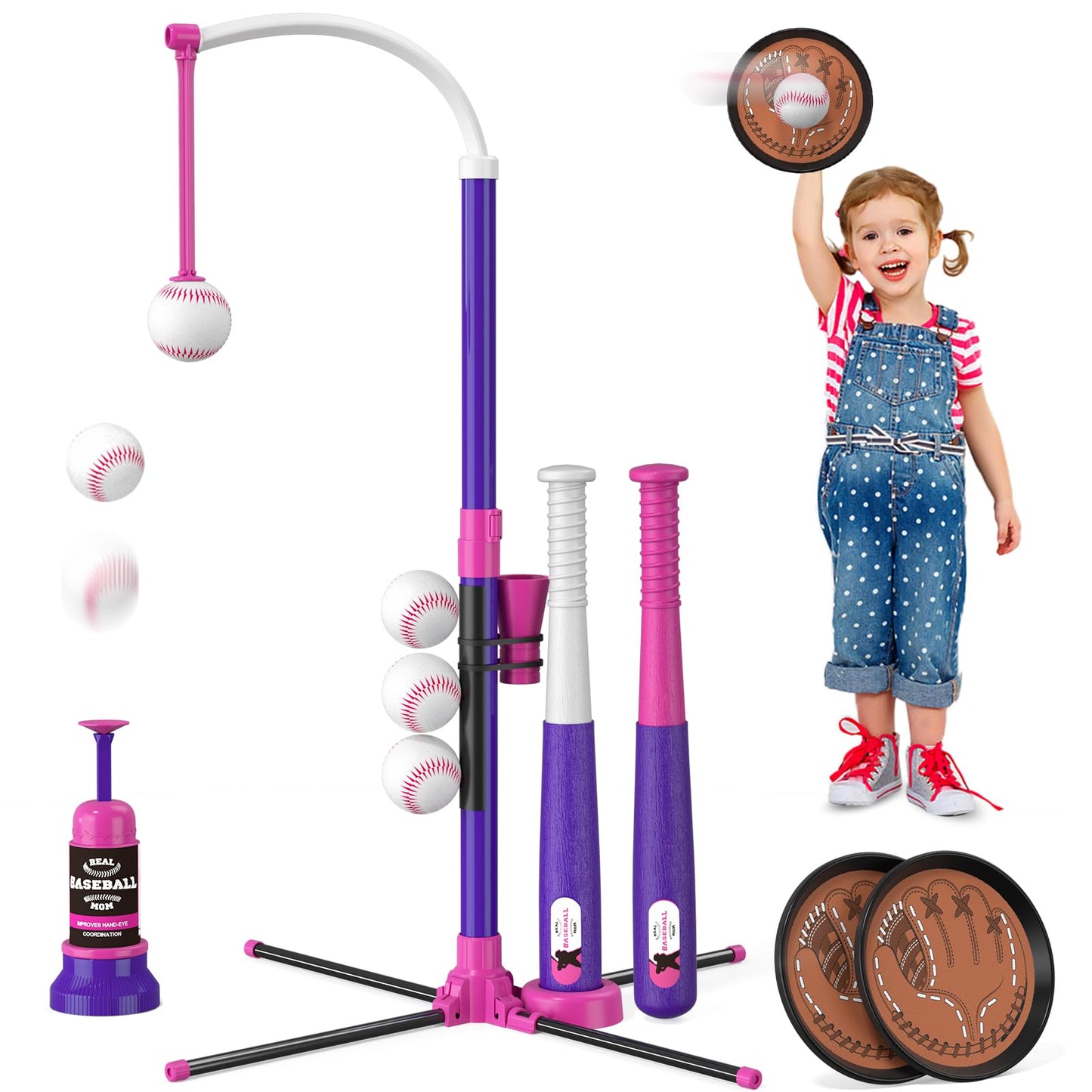 HotHYES 3-in-1 Baseball Set for Kids 3-5 - Tee Ball Stand, Hanging Tee, Ball Launcher and 6 Softballs - Adjustable Height, Indoor/Outdoor Sport Gifts for Boys Girls
