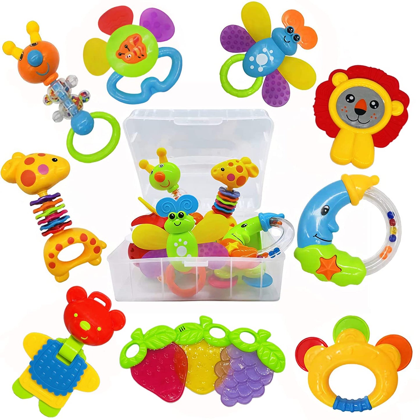 HotAIVIAI Baby Toys 0-6 Months Infant Toys 0-3 Months Infant Rattles Baby Rattle Teether Toy Set with Storage Box Musical rattles for Newborn Boy Girl Gifts Set with Baby's First Rattle Teether (11pcs)
