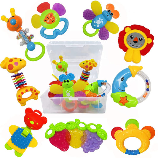 HotAIVIAI Baby Toys 0-6 Months Infant Toys 0-3 Months Infant Rattles Baby Rattle Teether Toy Set with Storage Box Musical rattles for Newborn Boy Girl Gifts Set with Baby's First Rattle Teether (11pcs)