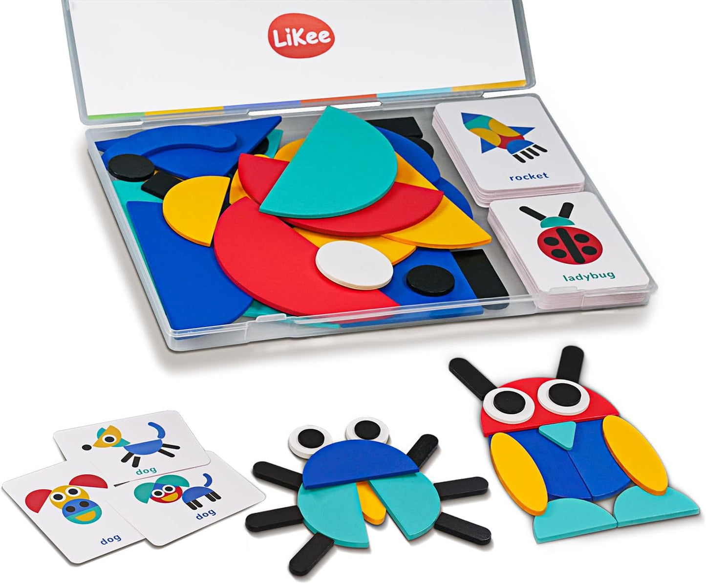 HotLiKee Wooden Shape Puzzle, 36 Blocks & 60 Cards, Montessori Toy for Kids 3+