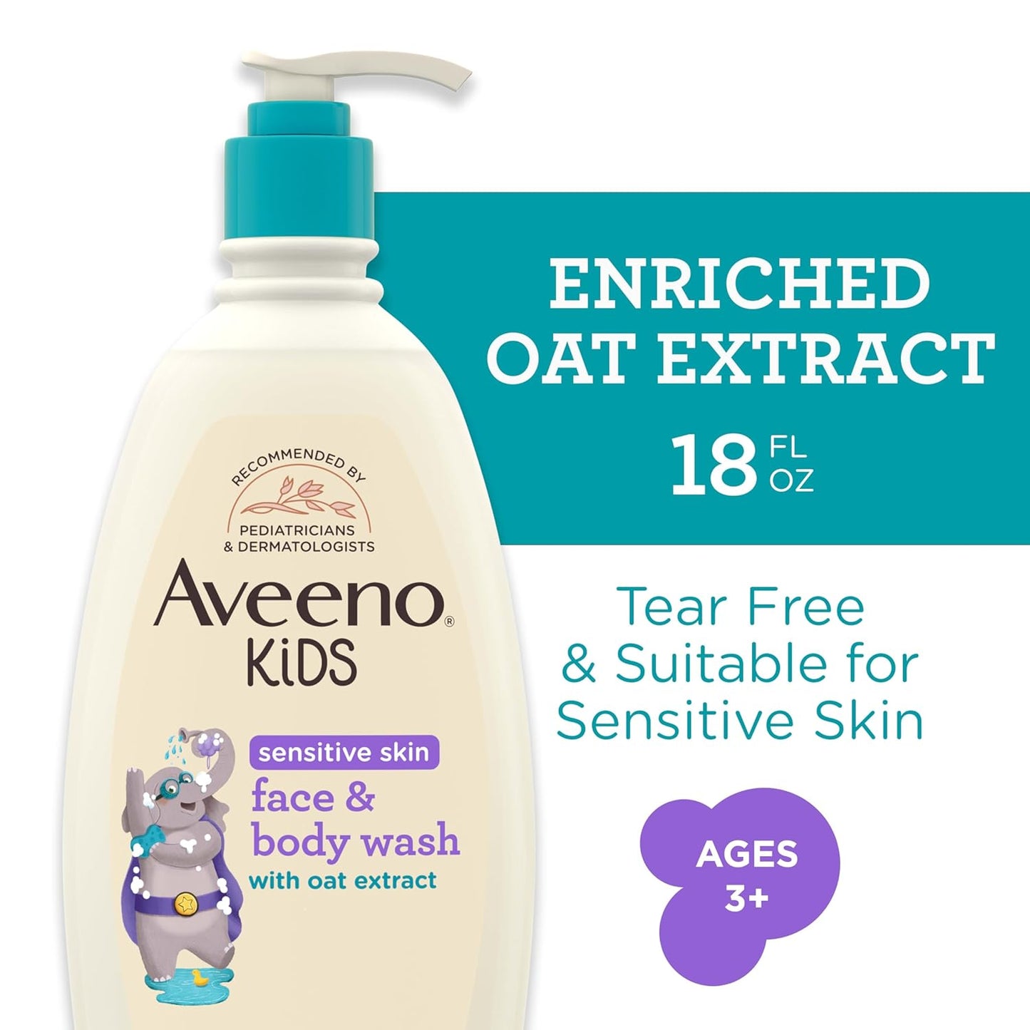 HotAveeno Kids Sensitive Skin Face and Body Wash with Oat Extract, Gently Washes Away Dirt and Germs Without Drying, Tear-Free, Hypoallergenic Kids Body Wash, 18 fl. oz, 2 Pack