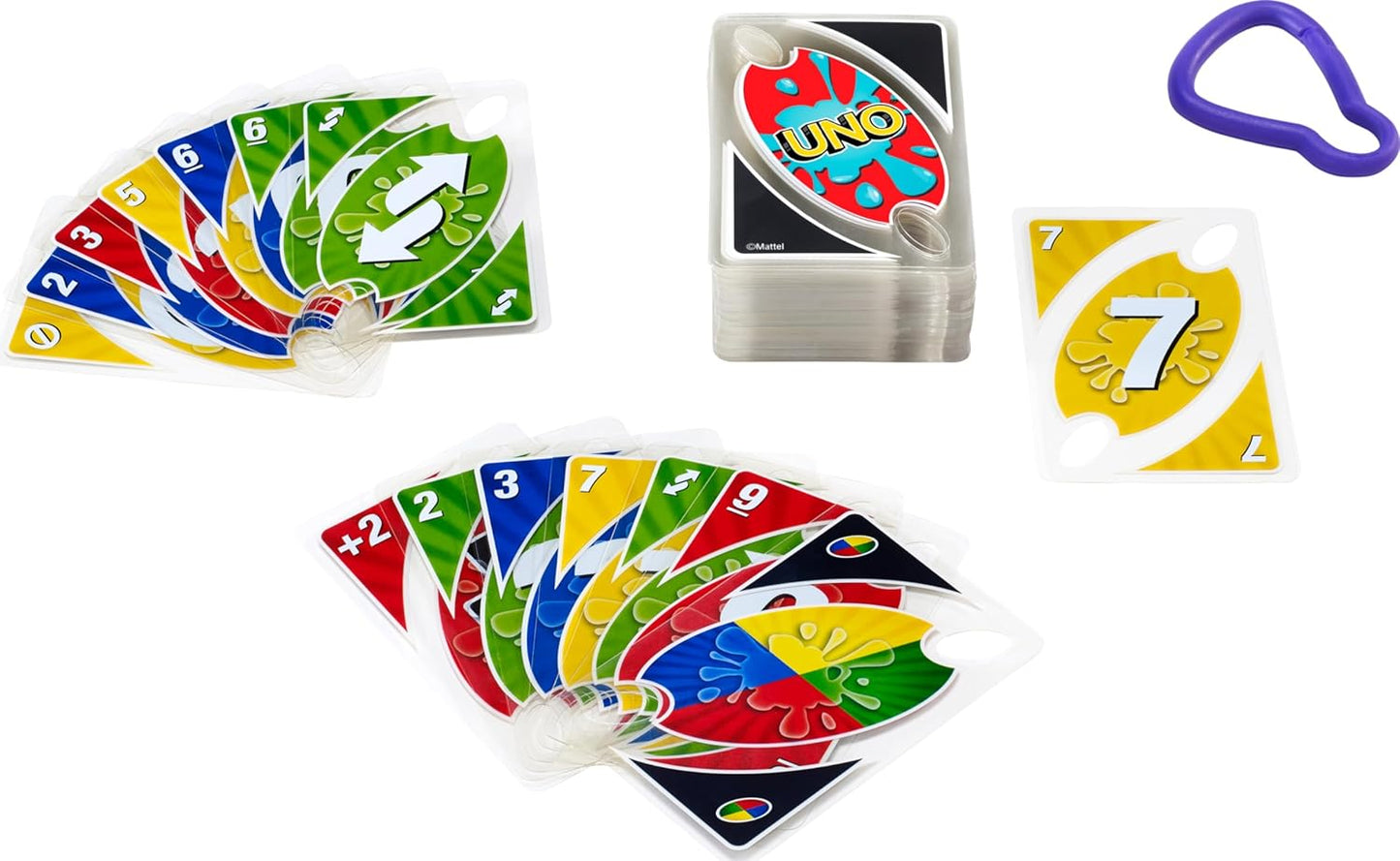 HotMattel Games UNO Splash Card Game, Ages 7+, 2-10 Players | With Waterproof Cards &Portable Carabiner Clip for Travel, Pool Time, Camping & Game Nights Away