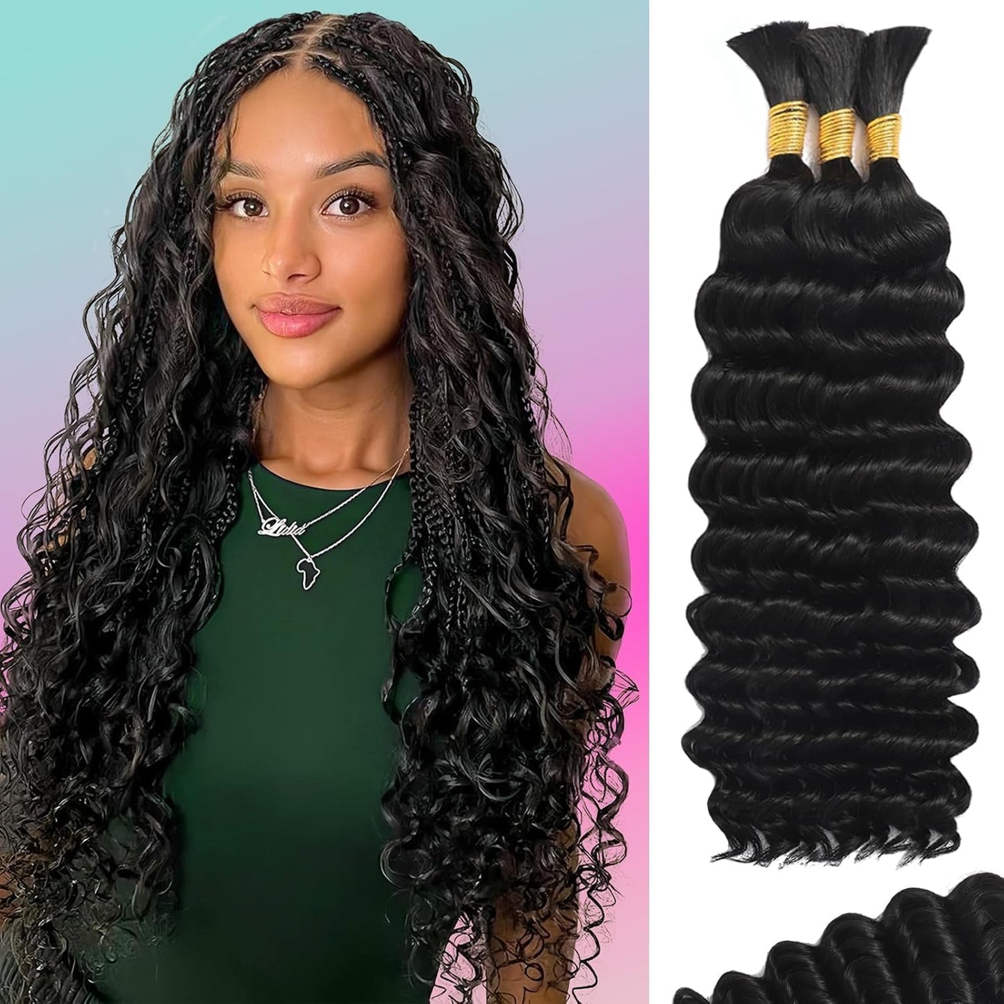 HotMOTFIN Human Braiding Hair for Boho Braids 20 Inch Curly Wave Bulk Bundles | 110g Boho Hair for Braiding, 12A 100% Virgin, Long-lasting, Tangle Free, Deep Wave, Knotless Bohemian Braid, Natural Color