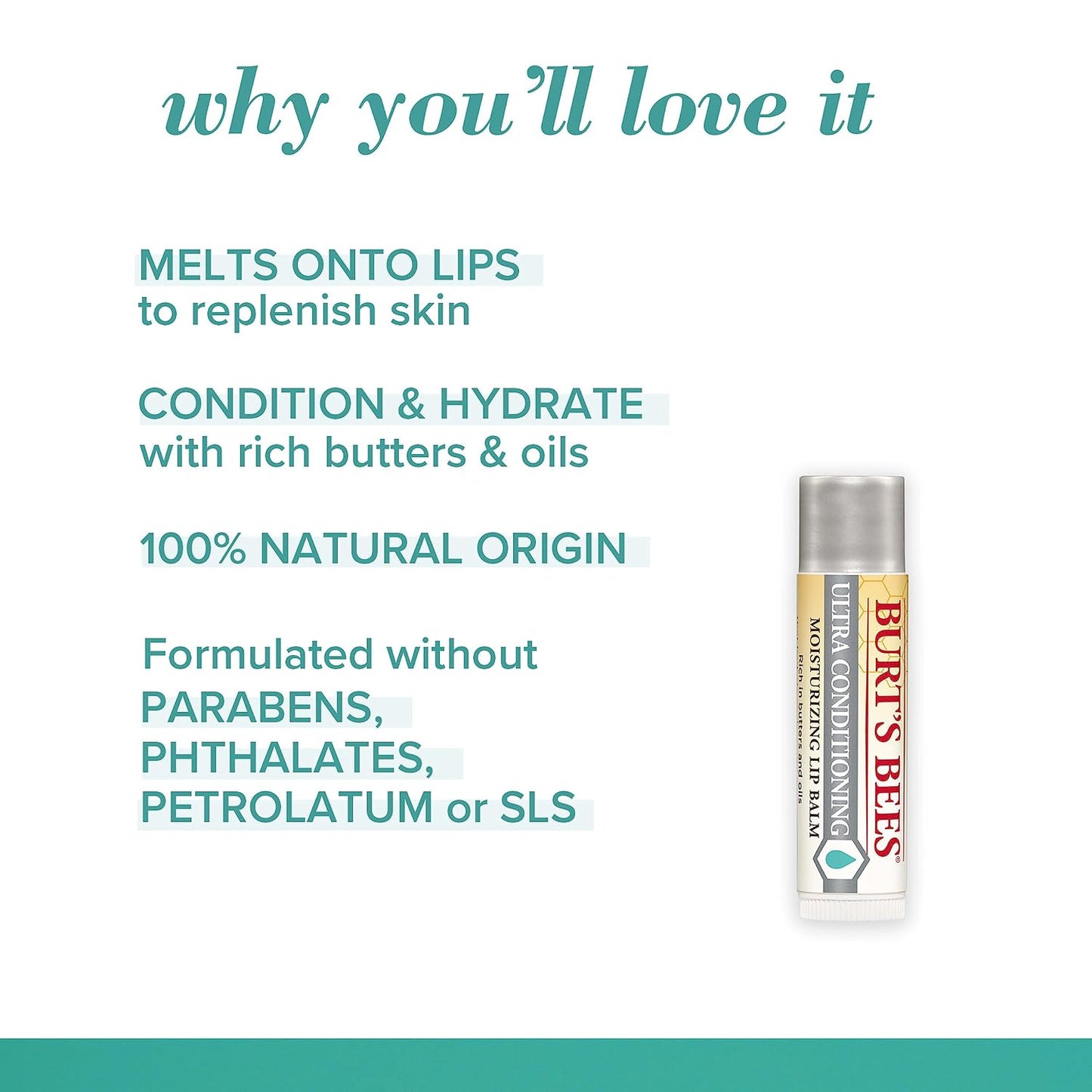 HotBurt's Bees Lip Balm, Moisturizing Lip Care, 100 Percent Natural Origin, Ultra Conditioning with Shea, Cocoa and Kokum Butter, 0.15 oz., Four Tubes