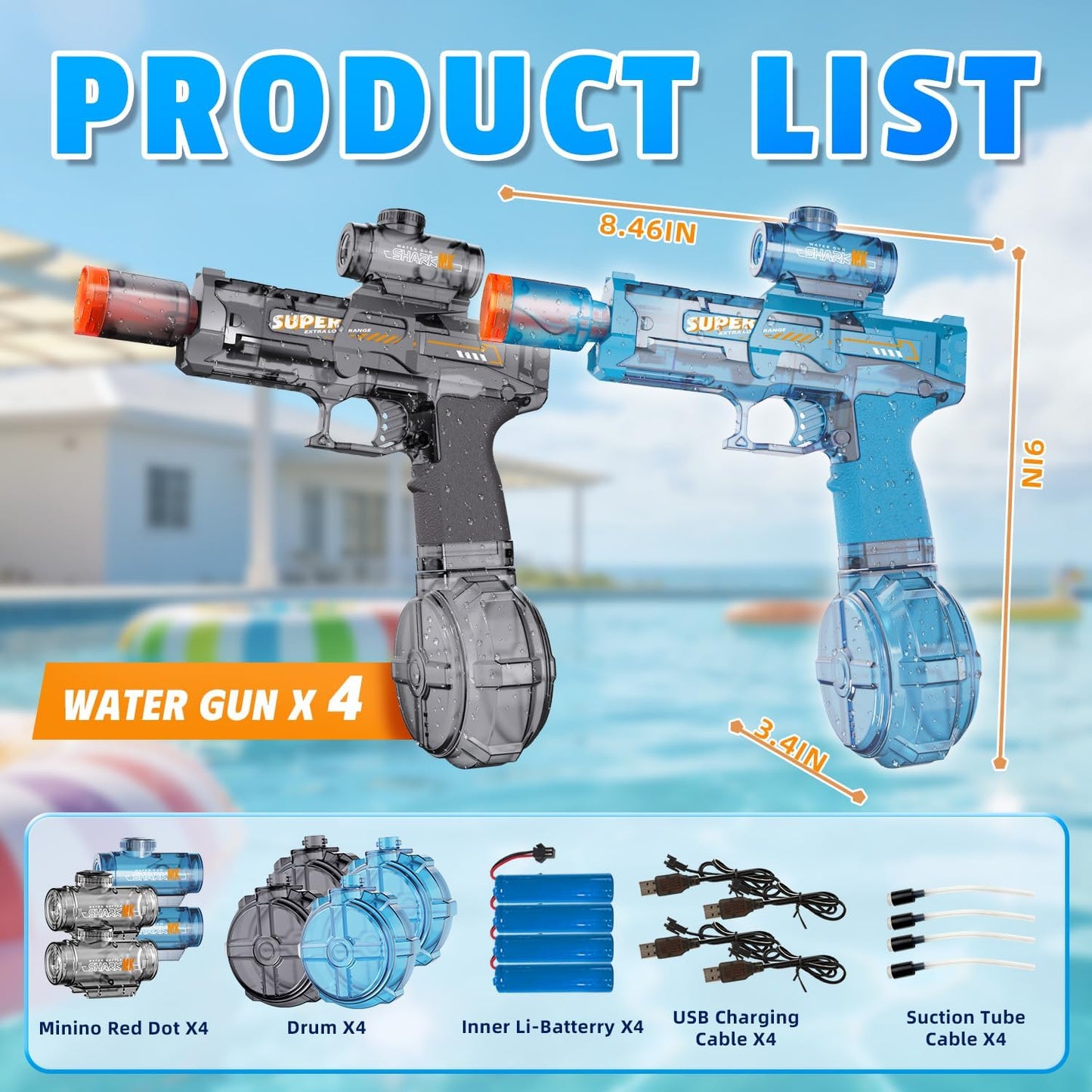 Hot4Pcs Electric Water Gun for Kids Adults, Automatic Squirt Gun Pistol with Water Spray Sound and Led Light, Leak-Proof Rechargeable Watergun for Summer Outdoor Pool Beach Toys for Boys (Black+Blue)