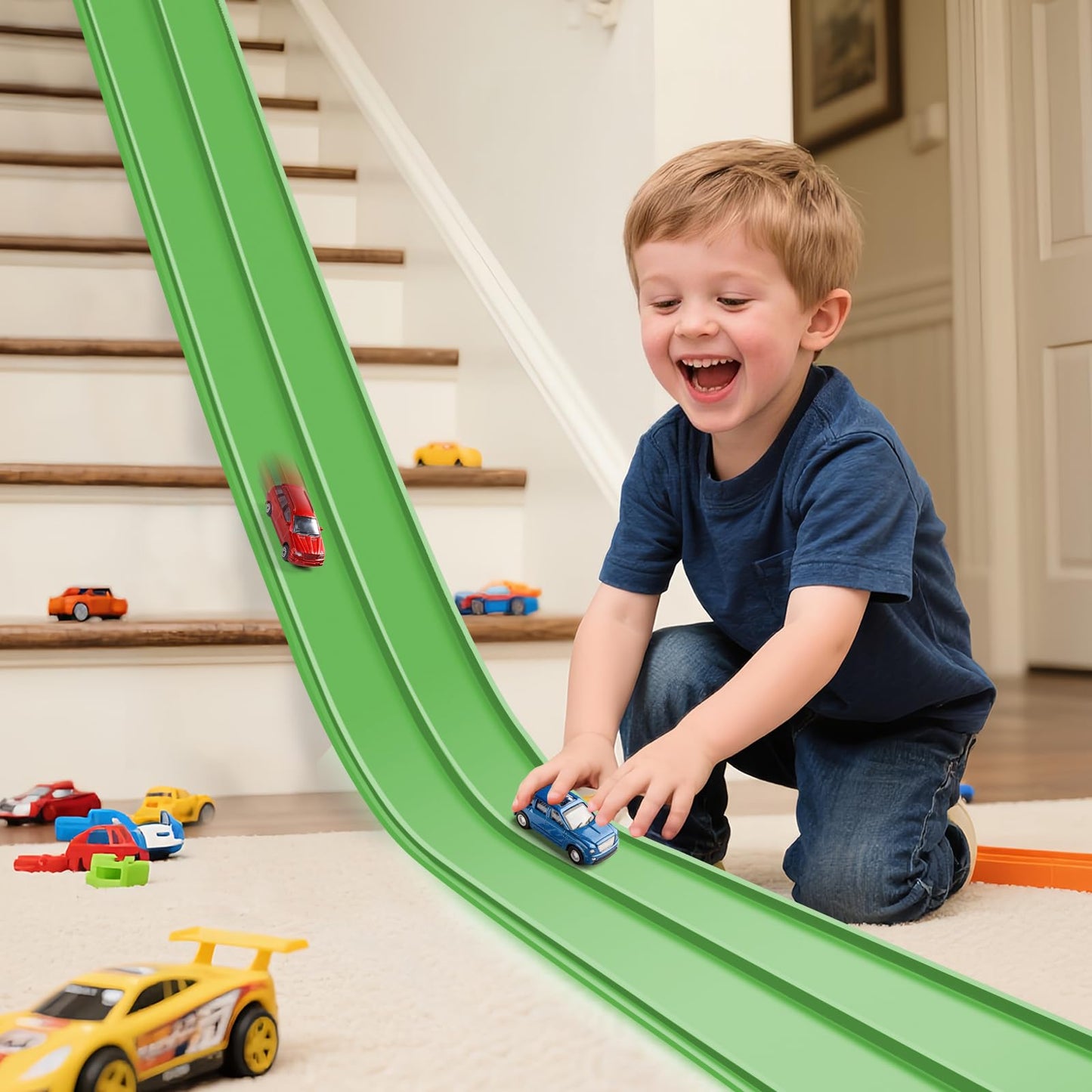 Hot Flex Tracks 15 Ft Starter Set Flexible Race Track for Kids 3+, Flexible Car Track Race Car Ramp Track Compatible with Diecast 1/64th Cars, Portable Rolls Up Race Tracks with Strong Suction Cups