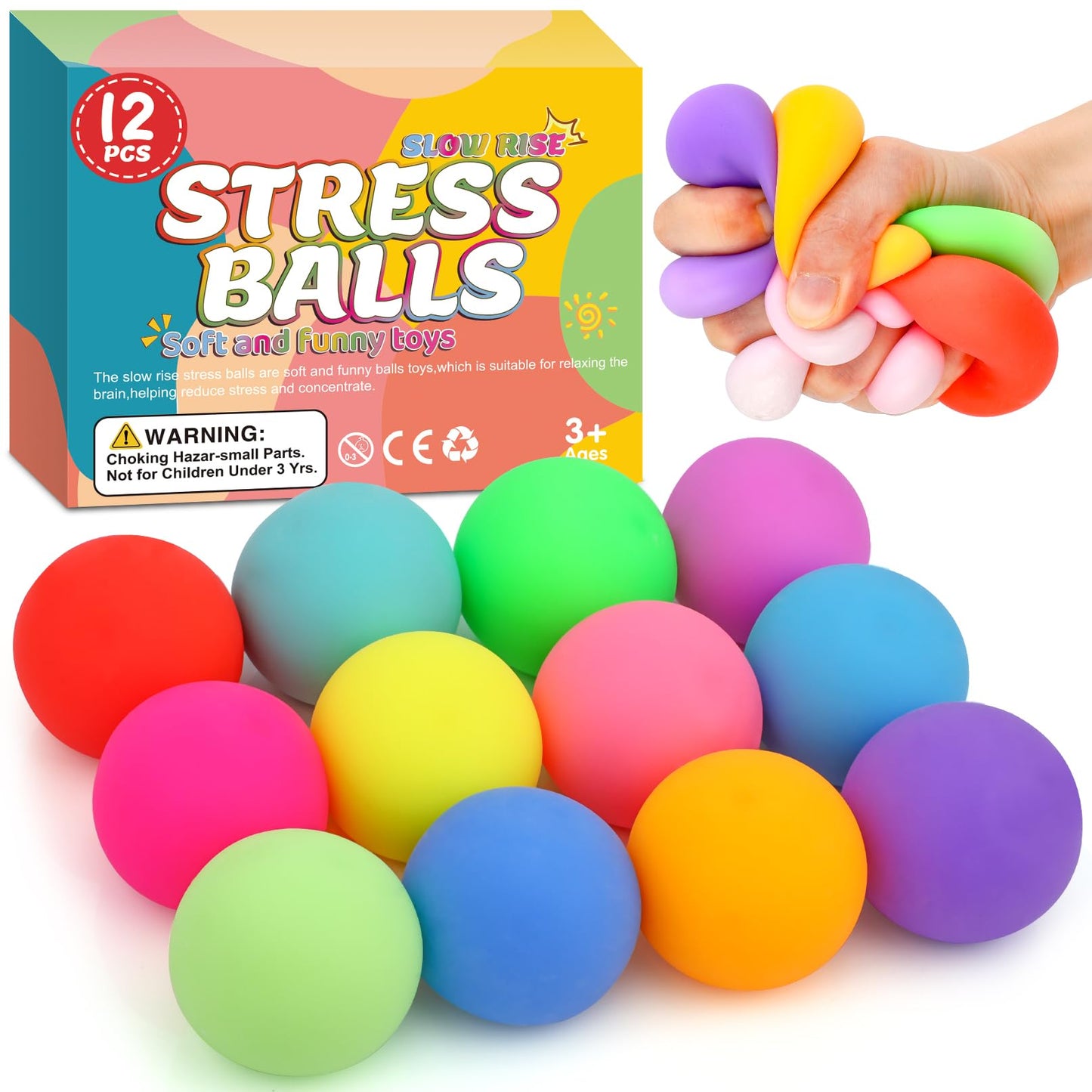 Hot12 Pack Slow Rising Stress Ball,Stress Balls for Kids Adults,Stretchy Fidget Toys for Stress Relief,Hand Therapy Sensory Squishy Ball, Squishy Toys for Kids, Classroom Prize Box Party Favors