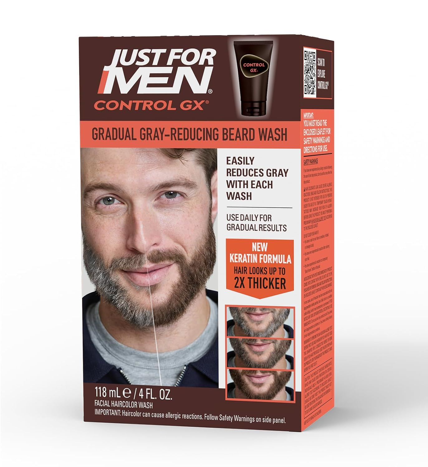 HotJust for Men Control GX Grey Reducing Beard Wash Shampoo with Keratin, Gradually Colors Mustache and Beard, Leaves Facial Hair Thicker Softer and Fuller, 4 Fl Oz - Pack of 1