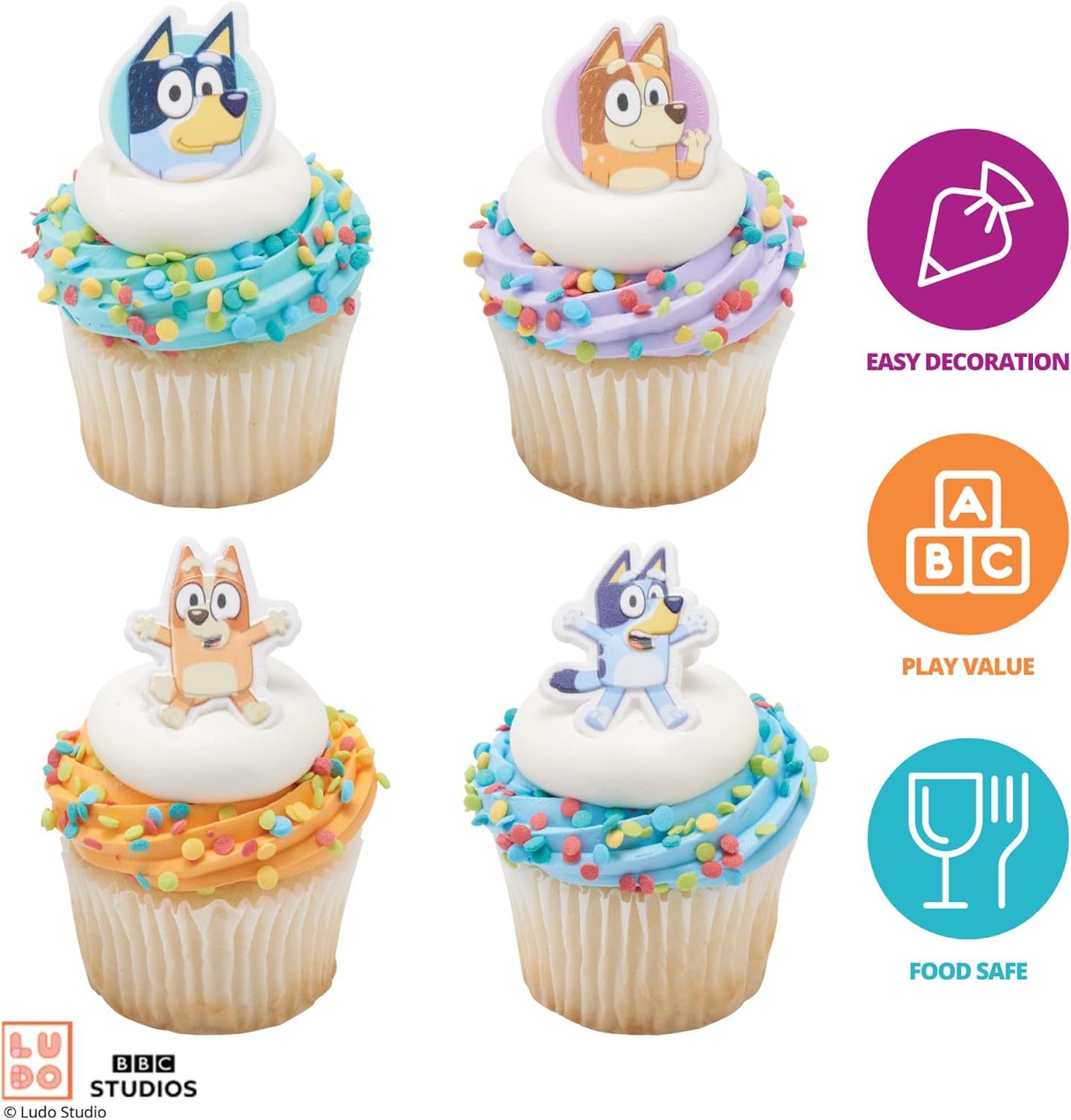 Hot DecoPac Bluey So Much Fun Rings, 24 Cupcake Decorations Featuring Bluey, Bingo, Bandit, and Chilli, 3D Food Safe Cake Toppers – 24 Pack