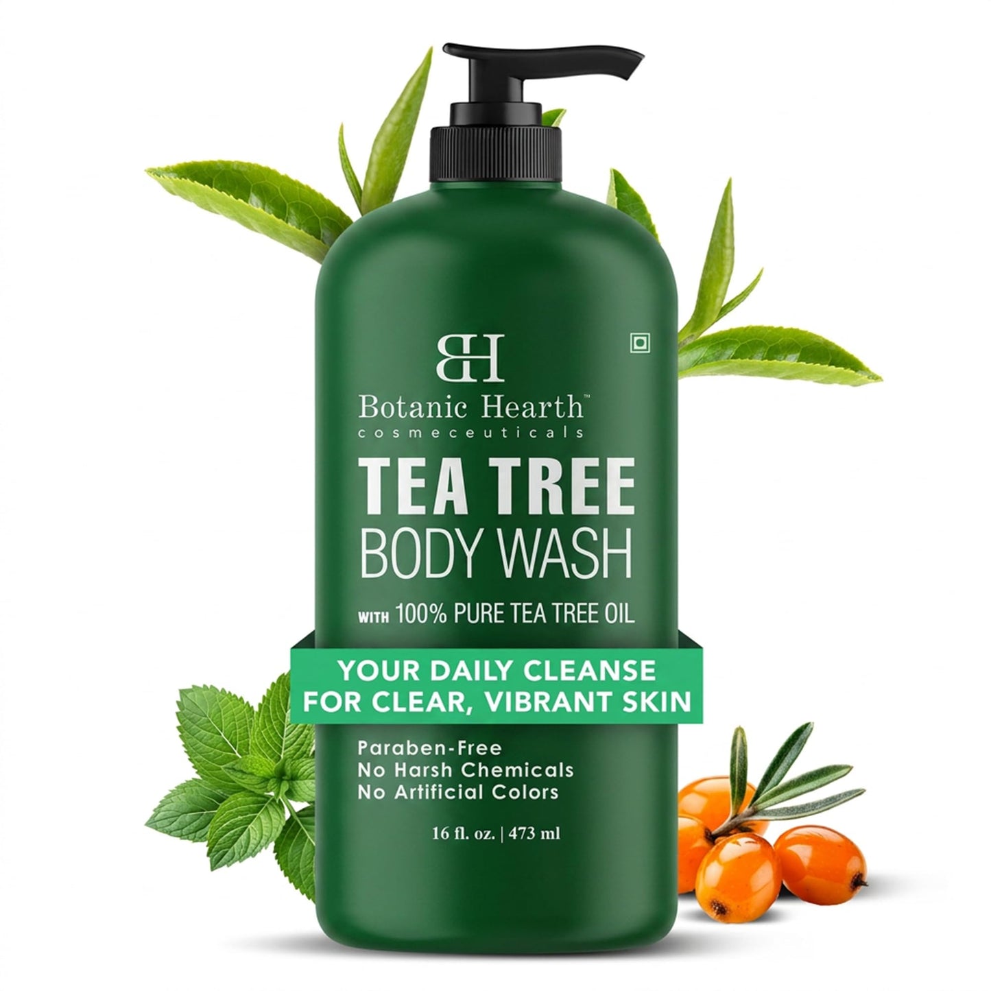 HotBotanic Hearth Tea Tree Body Wash, 16 Fl Oz (473 ml) Pack of 2 | With Tea Tree Oil, Peppermint & Sea Buckthorn | Gently Cleanses, Refreshes & Nourishes Skin | Sulfate & Paraben Free | For Men & Women