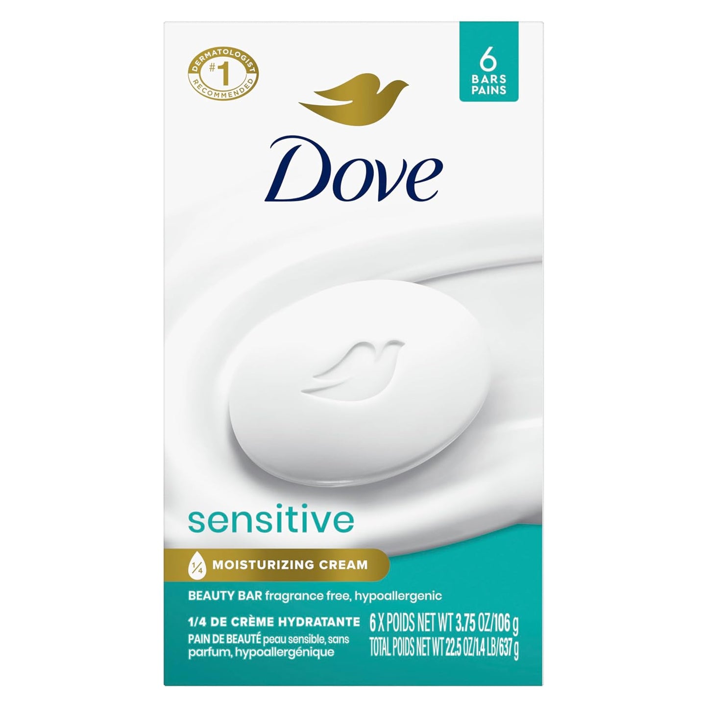 HotDove Beauty Bar Soap Sensitive, 6 Bars for Sensitive Skin, Fragrance Free and Hypoallergenic 3.75 oz