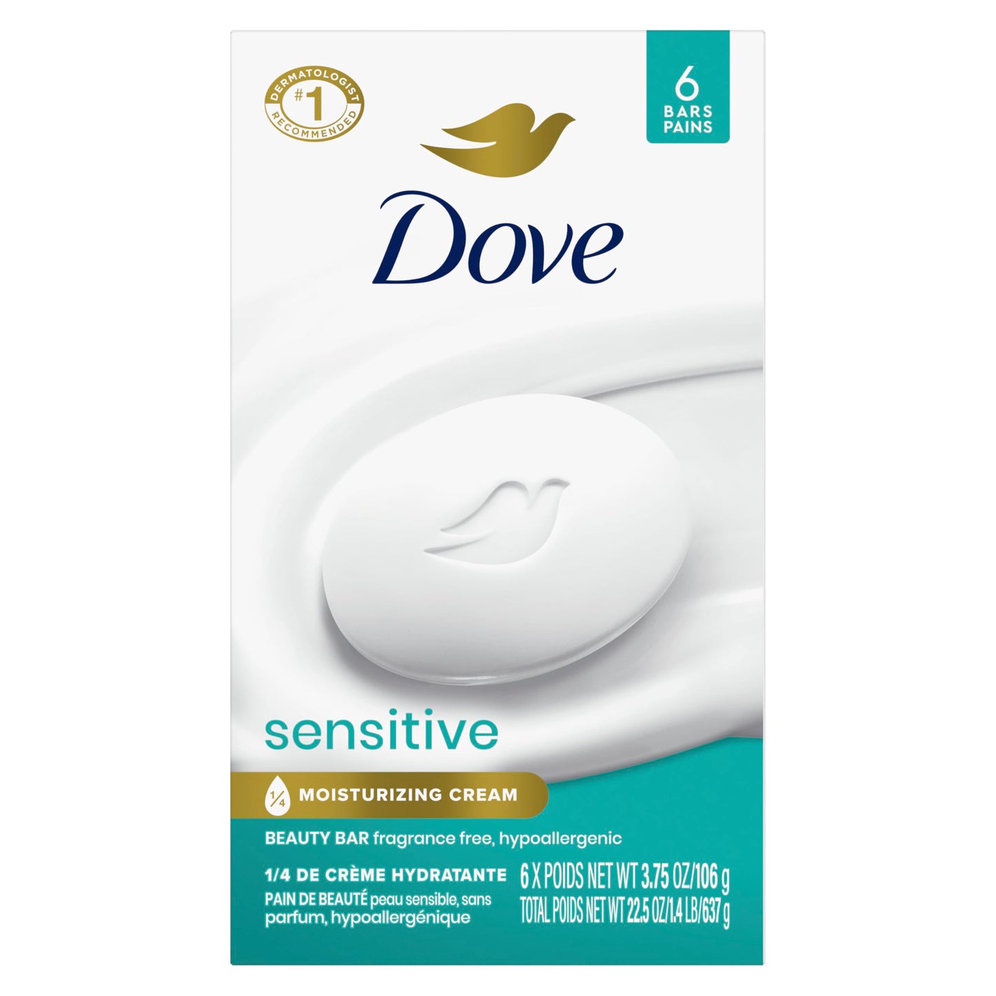 HotDove Beauty Bar Soap Sensitive, 6 Bars for Sensitive Skin, Fragrance Free and Hypoallergenic 3.75 oz