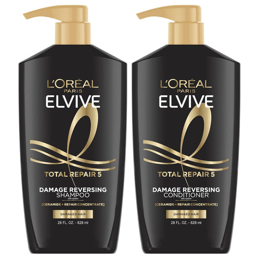 HotL'Oreal Paris Elvive Total Repair 5 Damage Reversing Shampoo and Conditioner Set for Dry and Damaged Hair, Hair Repair Formula with Protein and Ceramide, 56 Fl Oz Set