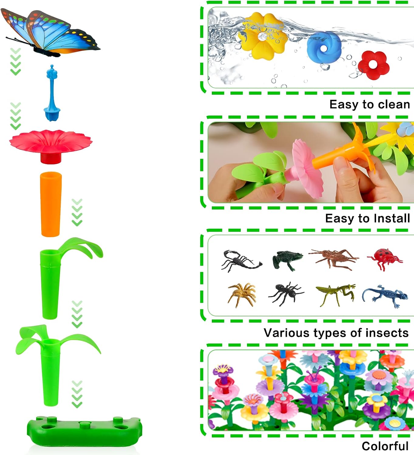 HotBirthday Toys Gifts for 2 3 4 5 6 Years Old Toddler Girls Boys, 156 PCS Insect Flower Garden Building Educational STEM Learning Pretend Play Gardening Set, Birthday Gifts for Preschool Kids Age 2+