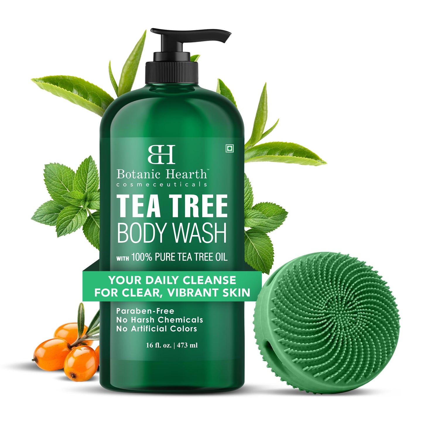 HotBotanic Hearth Tea Tree Body Wash, 16 Fl Oz (473 ml) Pack of 2 | With Tea Tree Oil, Peppermint & Sea Buckthorn | Gently Cleanses, Refreshes & Nourishes Skin | Sulfate & Paraben Free | For Men & Women