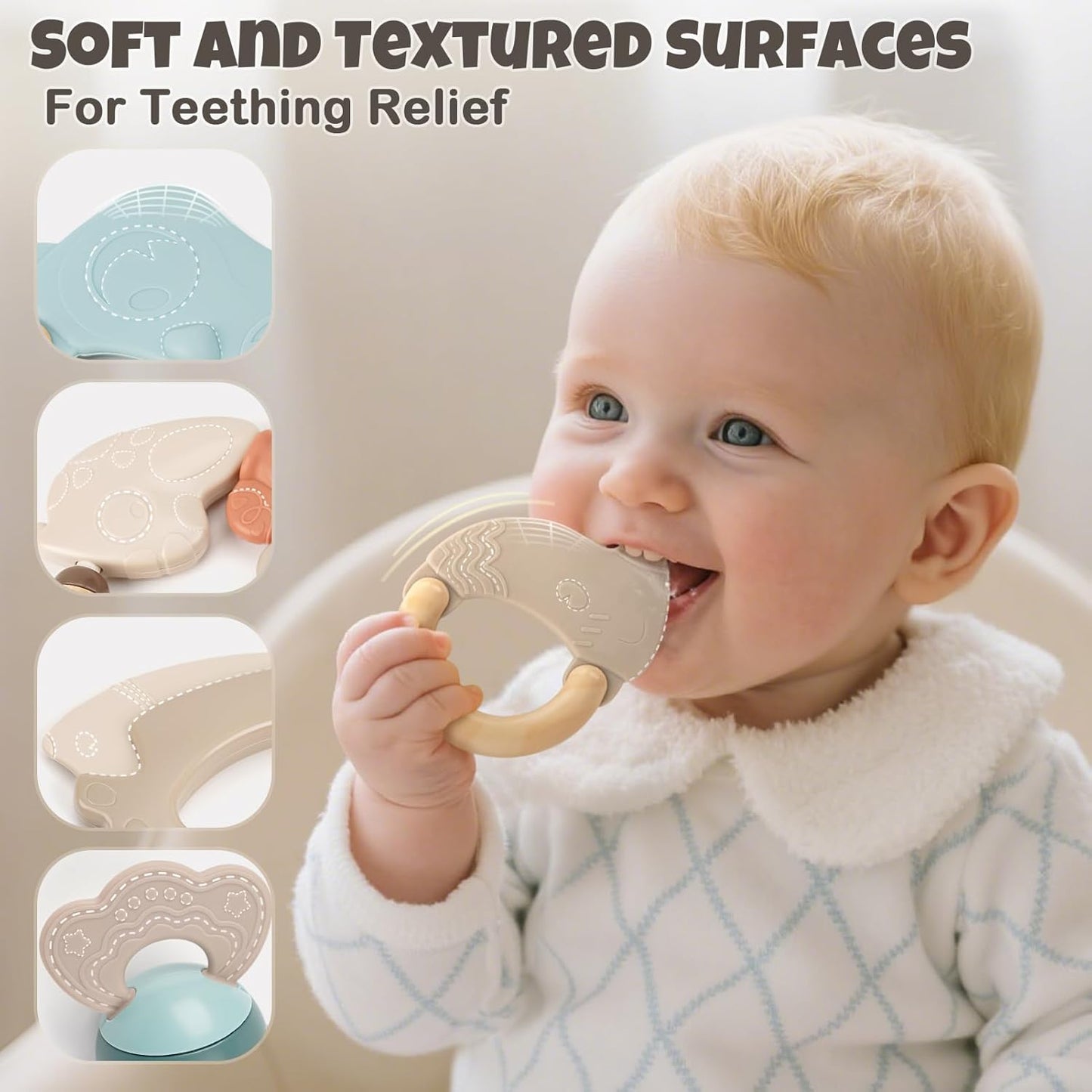 HotBaby Rattles & Teethers Set – Baby Toys 0-6 Months, Teething Toys 3-6 Months, Sensory Toys with Soft Textures, Gentle Sounds & Easy-Grip Shape, Neutral Newborn Gift（10-Pack）