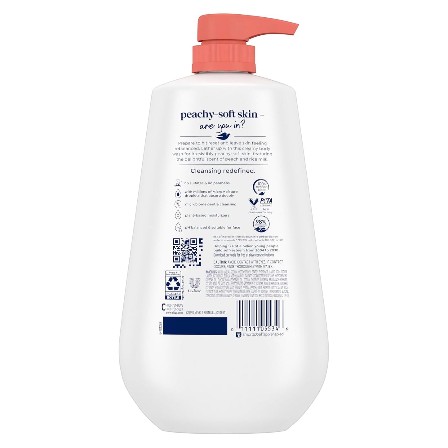 HotDove 24hr Lotion Body Wash Rebalance White Peach & Rice Milk, 30.6 oz | Moisturizing body wash with MicroMoisture and a calming peach scent