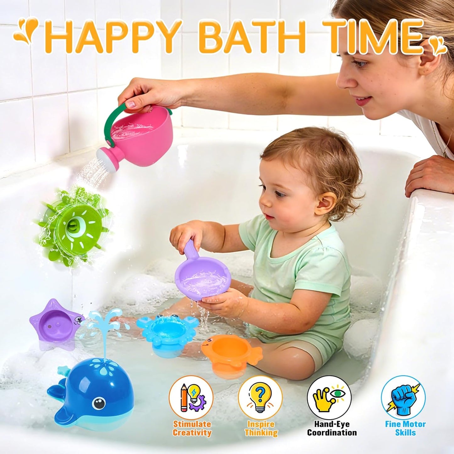 Hot Mold Free Bath Toys | Easy Clean & Fun Baby Bath Toys for Kids Ages 1-3 | Watering Can Bath Cups Water Wheel Whale Bath Toy for Babies 12+ Months | Bathtub Pool Water Toys for 1+ Year Old Girl Gifts