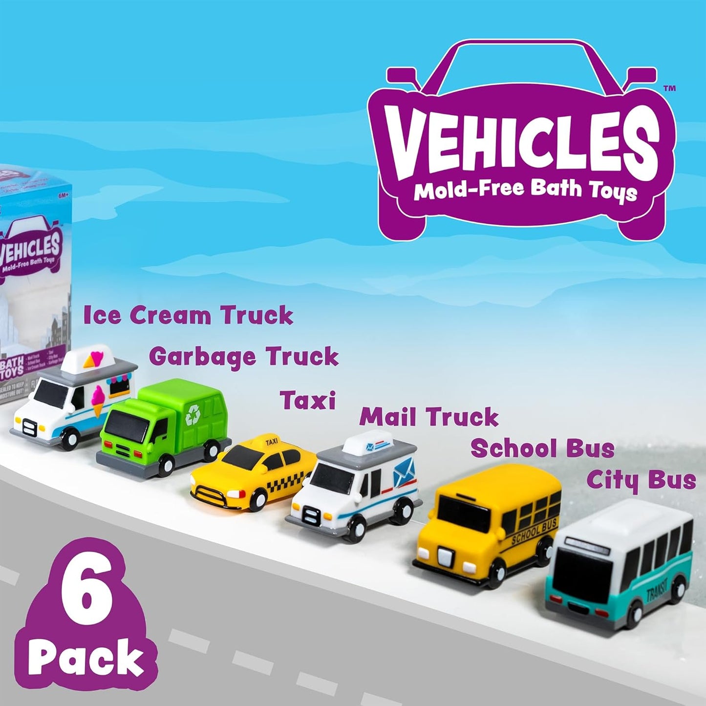 HotTub Works® Vehicles™ Bath Cars Mold Free Bath Toys, 6 Pack | Sealed, No Hole Bath Toys Design Keeps Moisture Out | Soft, Squeezable & Float on Water | Fun Baby & Toddler Bath Toys | City Car Bath Toys