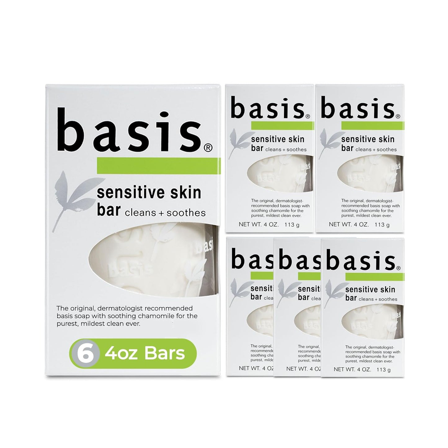 HotBasis Sensitive Skin Bar Soap for Body, Hands and Face, Unscented Soap Bar for Sensitive Skin with Chamomile and Aloe Vera, Bar Soap Bulk Pack, 4 Oz Bar, Pack of 6