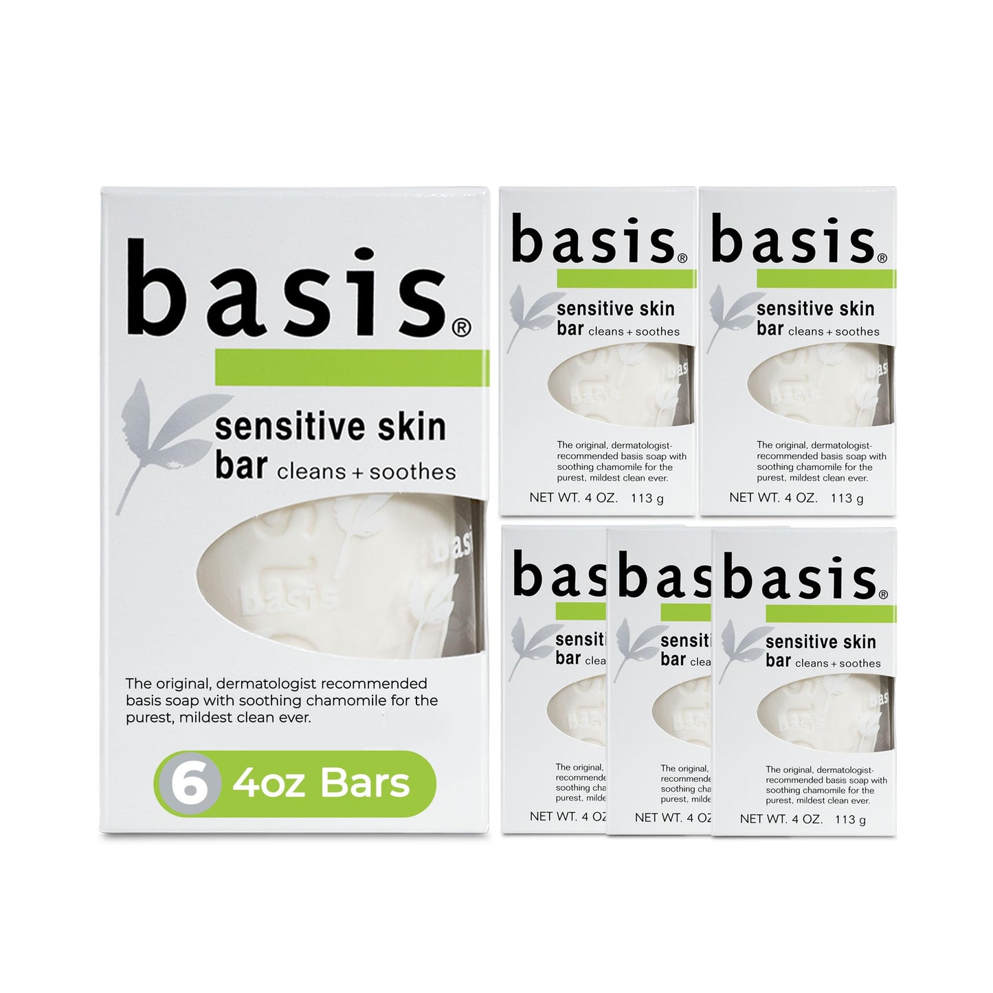 HotBasis Sensitive Skin Bar Soap for Body, Hands and Face, Unscented Soap Bar for Sensitive Skin with Chamomile and Aloe Vera, Bar Soap Bulk Pack, 4 Oz Bar, Pack of 6
