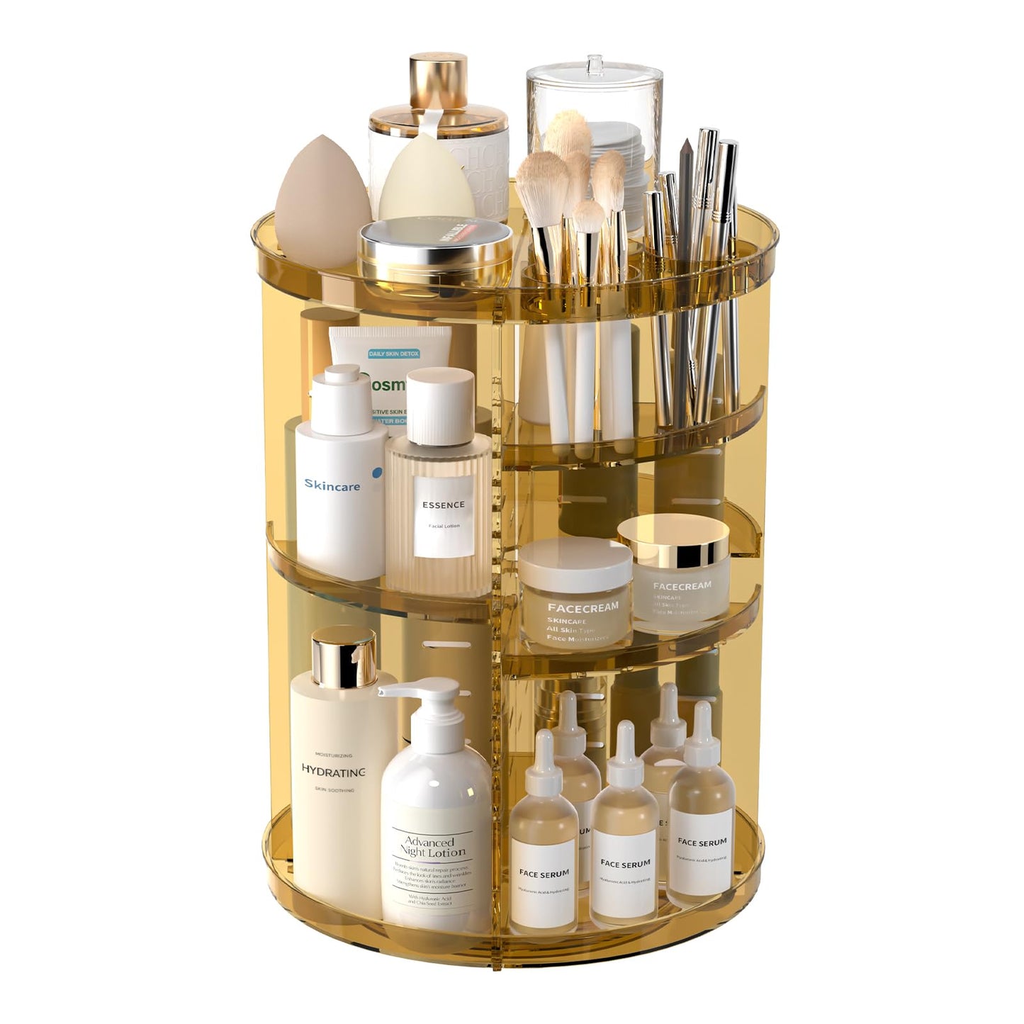 HotRotating Makeup Organizer, DIY 8 Adjustable Layers Spinning Skincare Storage, Cosmetic Display Case with Brush Holder and Perfume Tray, Multi-Function Vanity Bathroom Countertop Organizer Clear