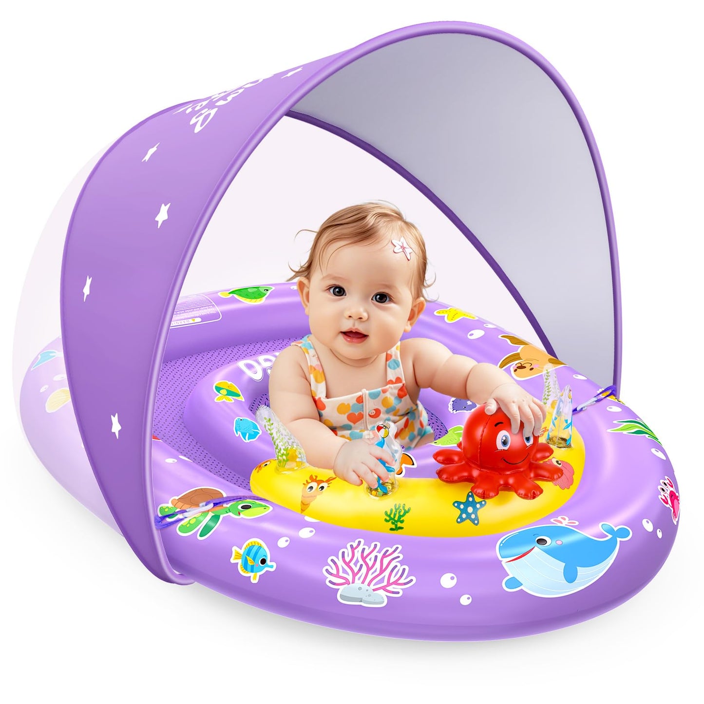 HotEZIGO Baby Pool Float with Canopy UPF50+ Sun Protection, Inflatable Kids Pool Floats with Ocean Animal Toys for Baby 6-36 Months, Infant Swimming Float with Adjustable Safety Seat for Boys Girls